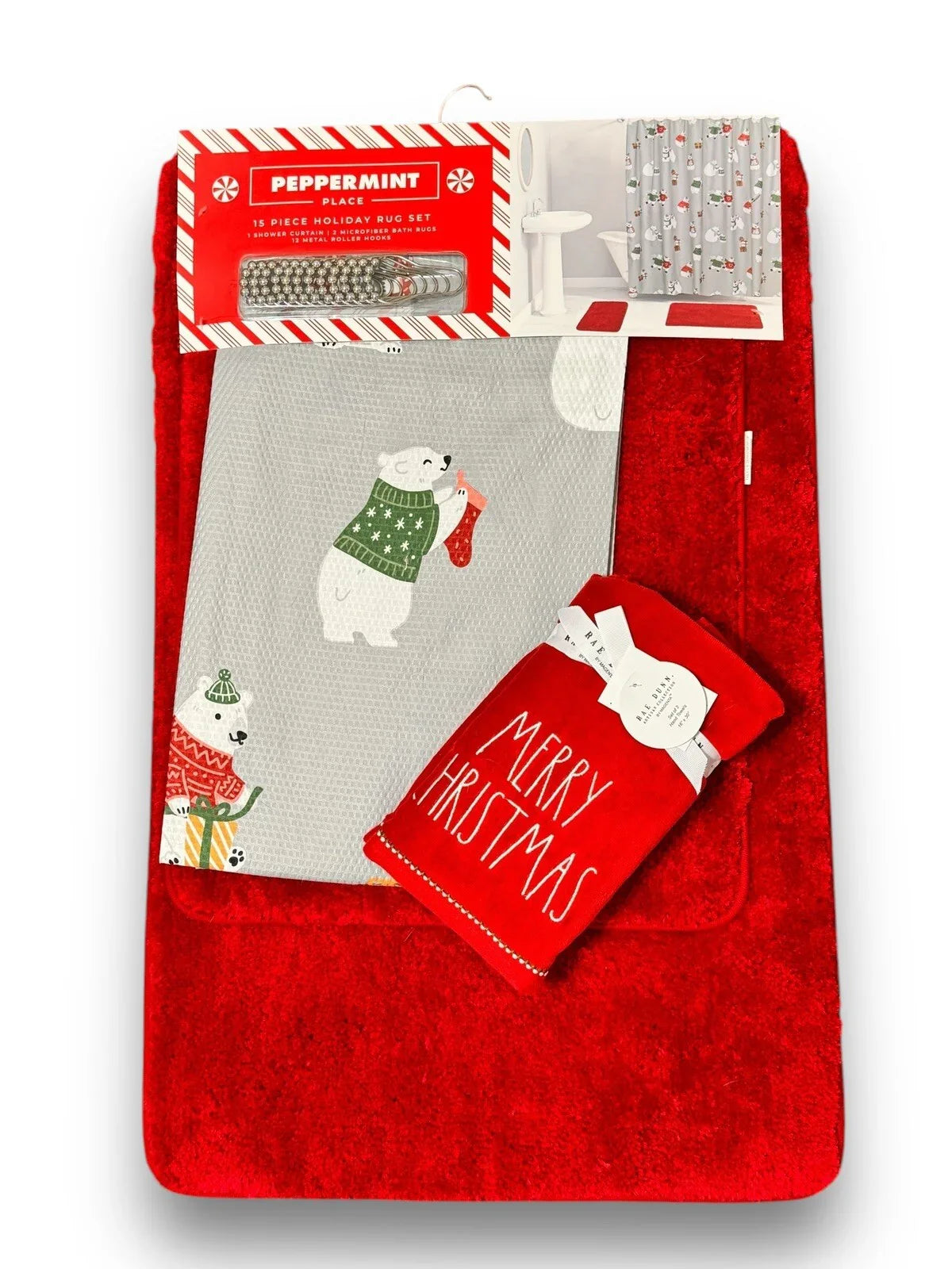 17 pc Christmas Shower Curtain Bears Set, Rug/ Hangers/ Bath Mat/Shower Curtain - Trendiez U ♥
