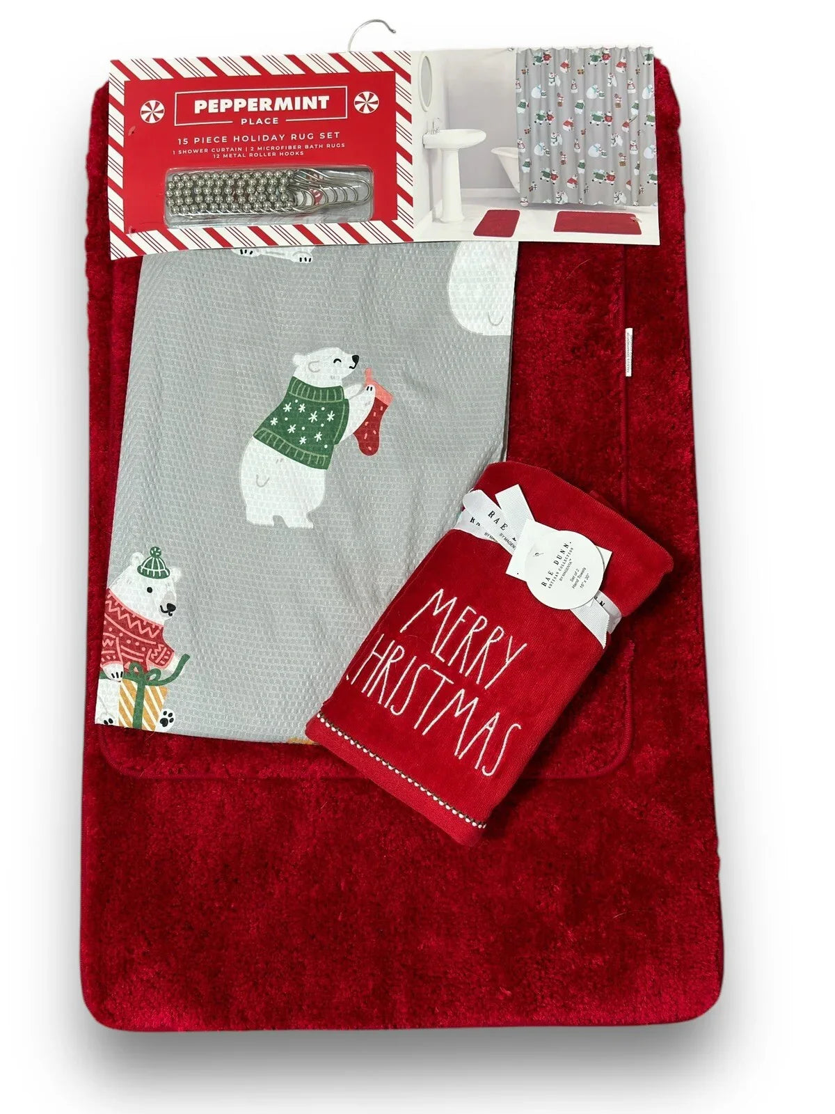 17 pc Christmas Shower Curtain Bears Set, Rug/ Hangers/ Bath Mat/Shower Curtain - Trendiez U ♥