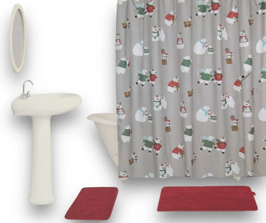 17 pc Christmas Shower Curtain Bears Set, Rug/ Hangers/ Bath Mat/Shower Curtain - Trendiez U ♥