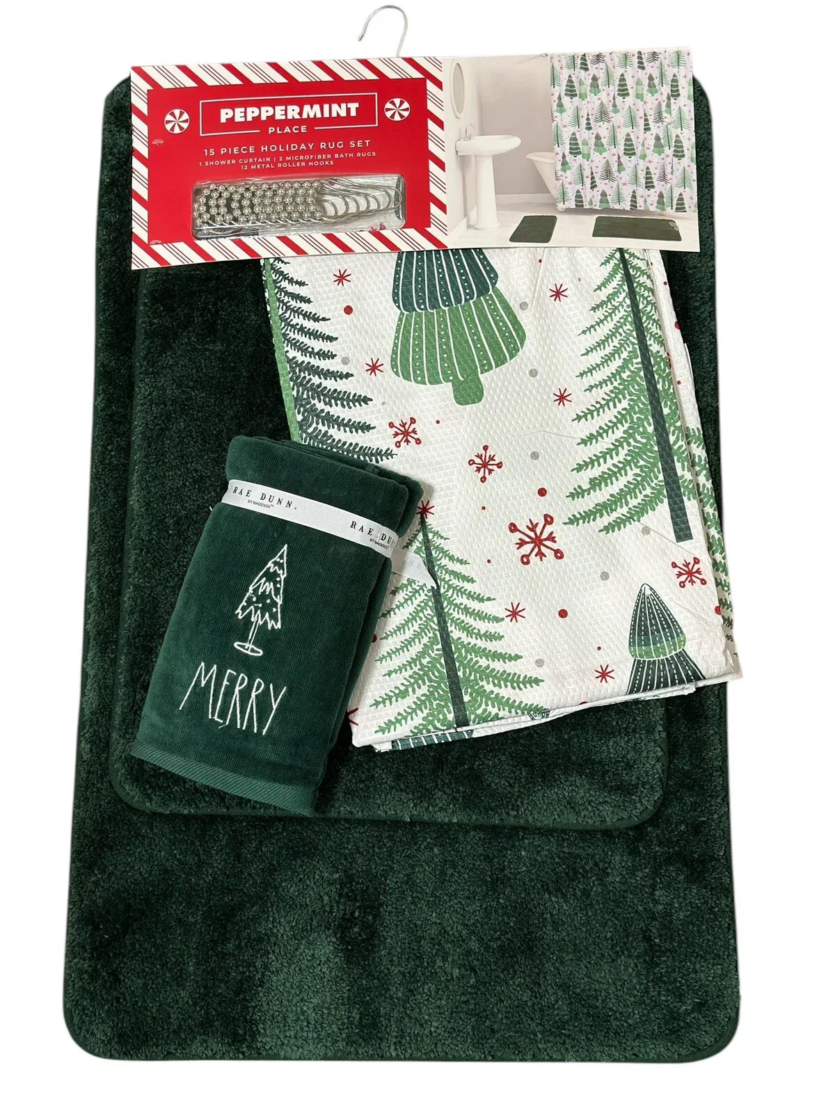 17 pc Christmas Shower Curtain Set, Rug/ Hangers/ Bath Mat/Shower Curtain/ Towel - Trendiez U ♥