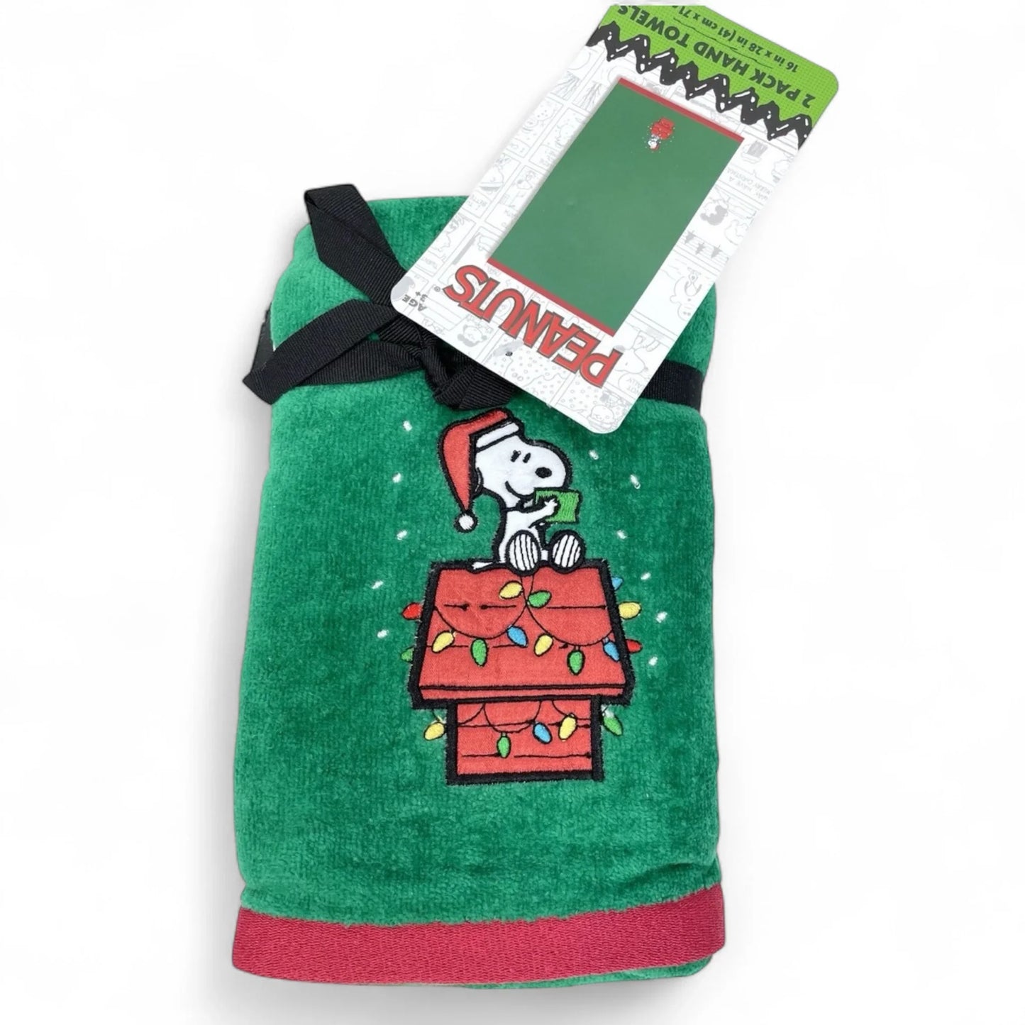 Snoopy Peanuts Christmas Hand Towels – 2 Pc Green Cotton Velour Embroidered