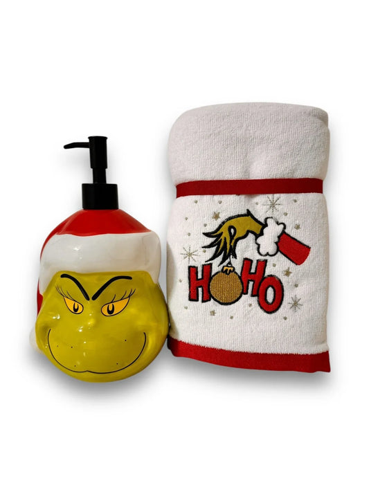 3pc SET Grinch Christmas Bathroom Soap Dispenser & Hand Towel - Trendiez U ♥