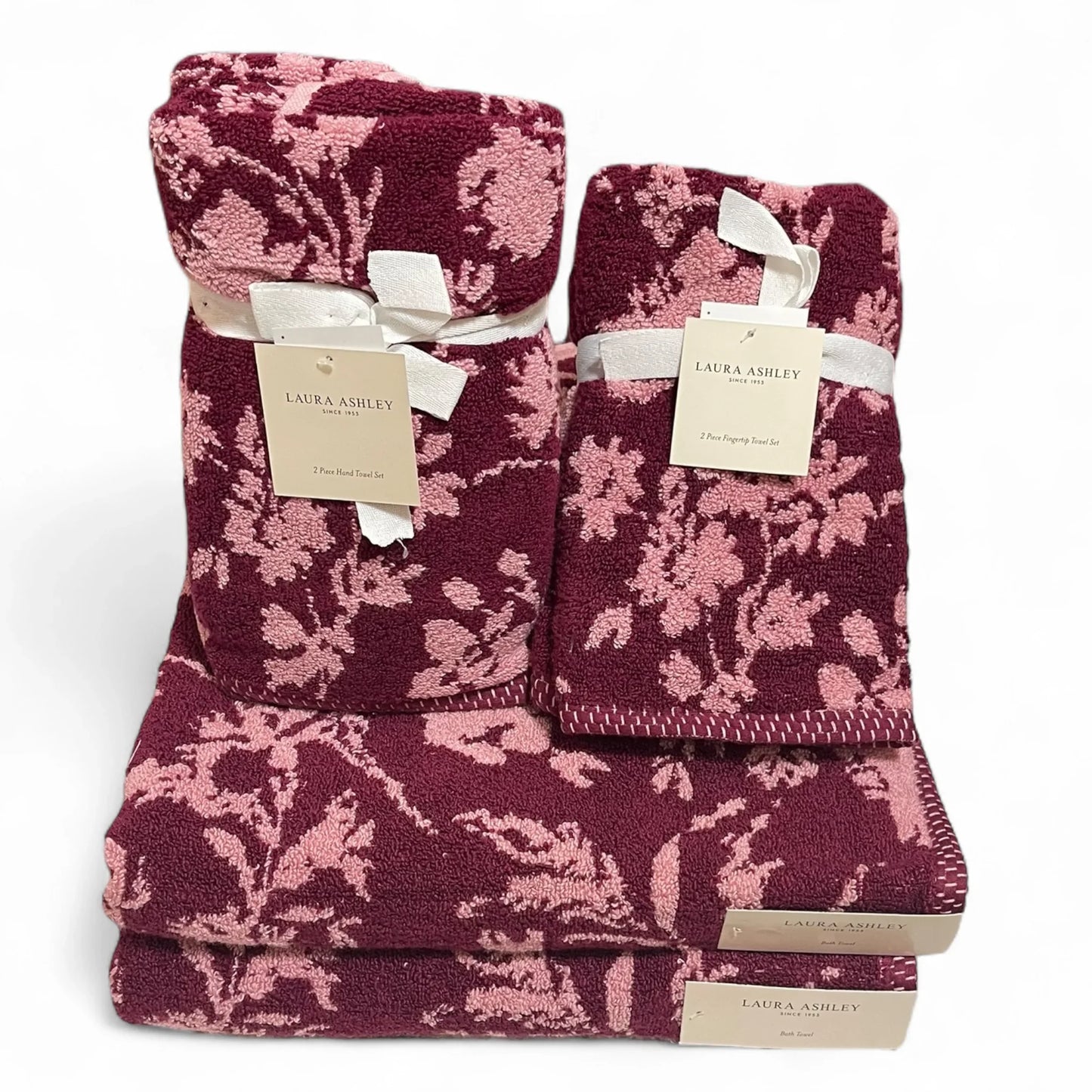 Laura Ashley Cottagecore Farmhouse 6-Piece Floral Towel Set – Burgundy & Pink