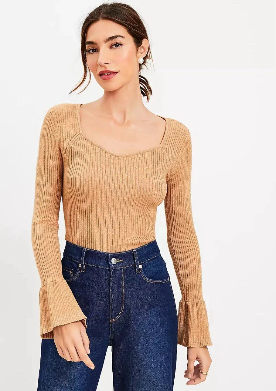 Ann Taylor LOFT Ribbed Sweetheart Neck Flare Cuff Caramel Comfy Sweater Sz Large - Trendiez U ♥