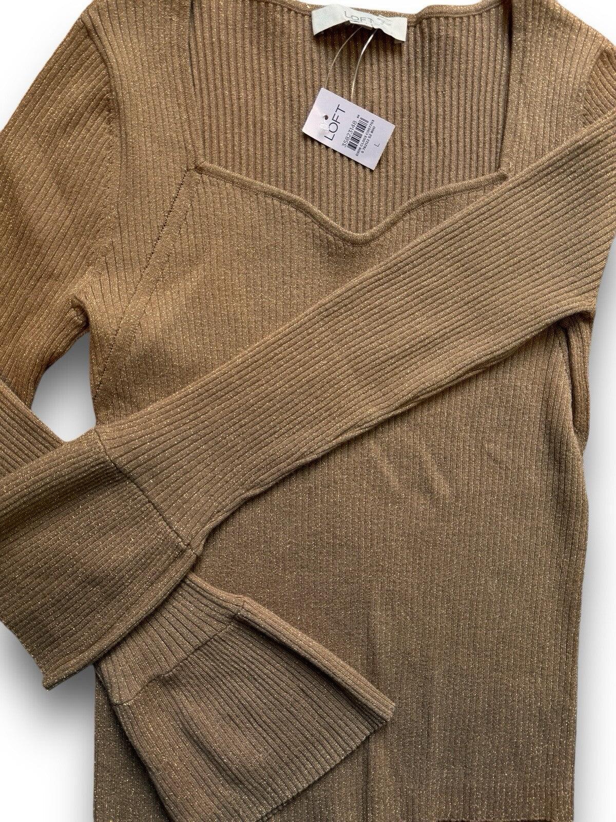 Ann Taylor LOFT Ribbed Sweetheart Neck Flare Cuff Caramel Comfy Sweater Sz Large - Trendiez U ♥