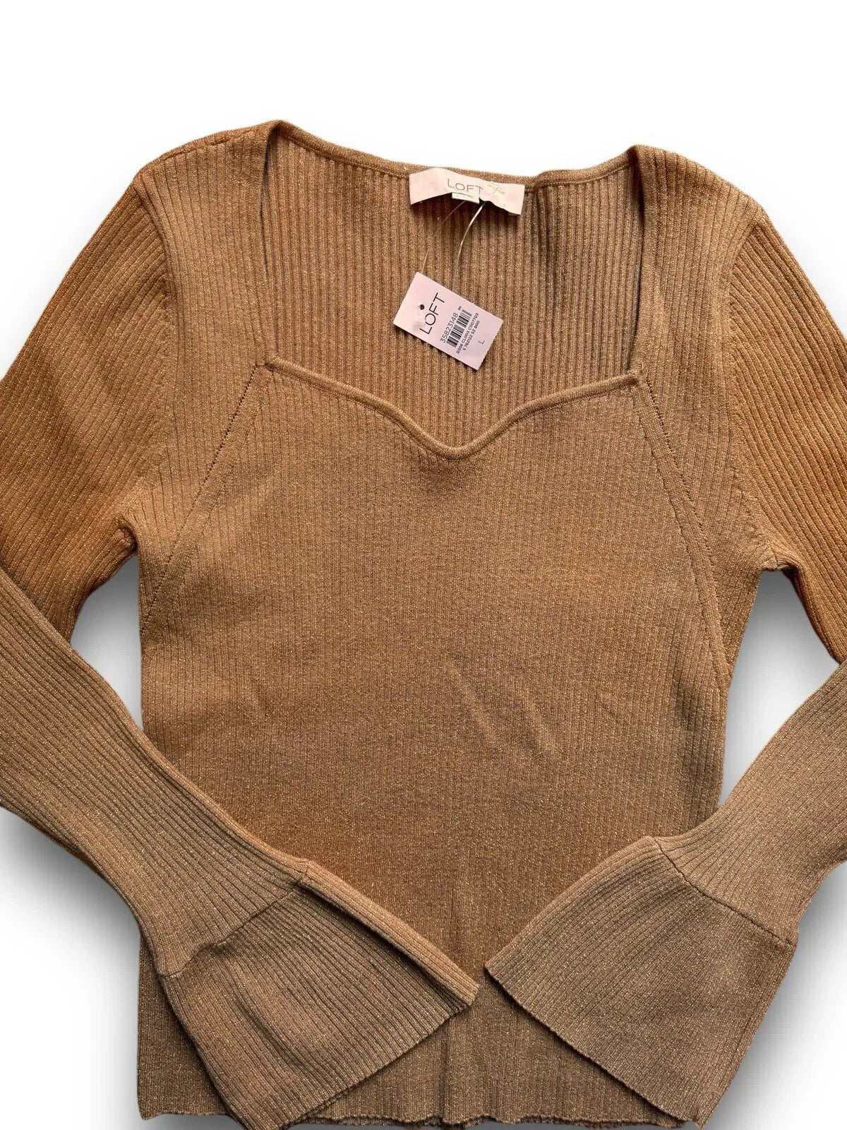 Ann Taylor LOFT Ribbed Sweetheart Neck Flare Cuff Caramel Comfy Sweater Sz Large - Trendiez U ♥