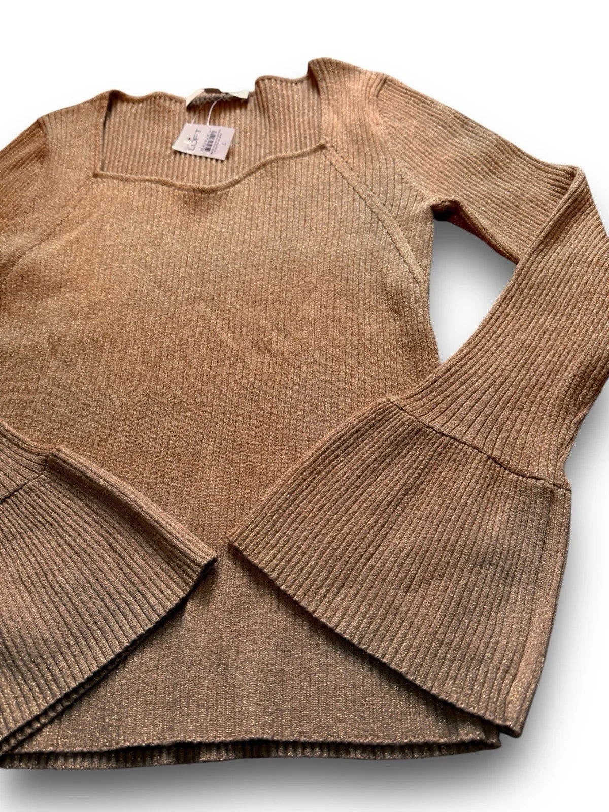 Ann Taylor LOFT Ribbed Sweetheart Neck Flare Cuff Caramel Comfy Sweater Sz Large - Trendiez U ♥