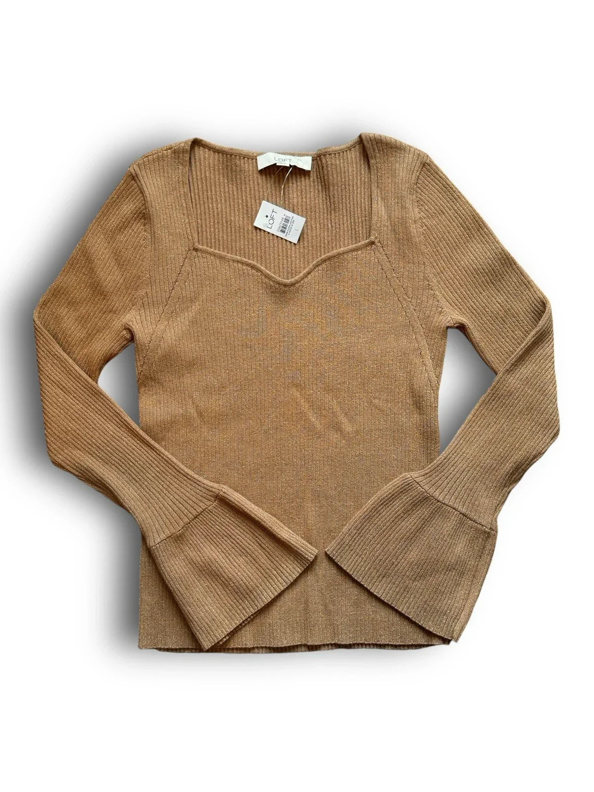 Ann Taylor LOFT Ribbed Sweetheart Neck Flare Cuff Caramel Comfy Sweater Sz Large - Trendiez U ♥