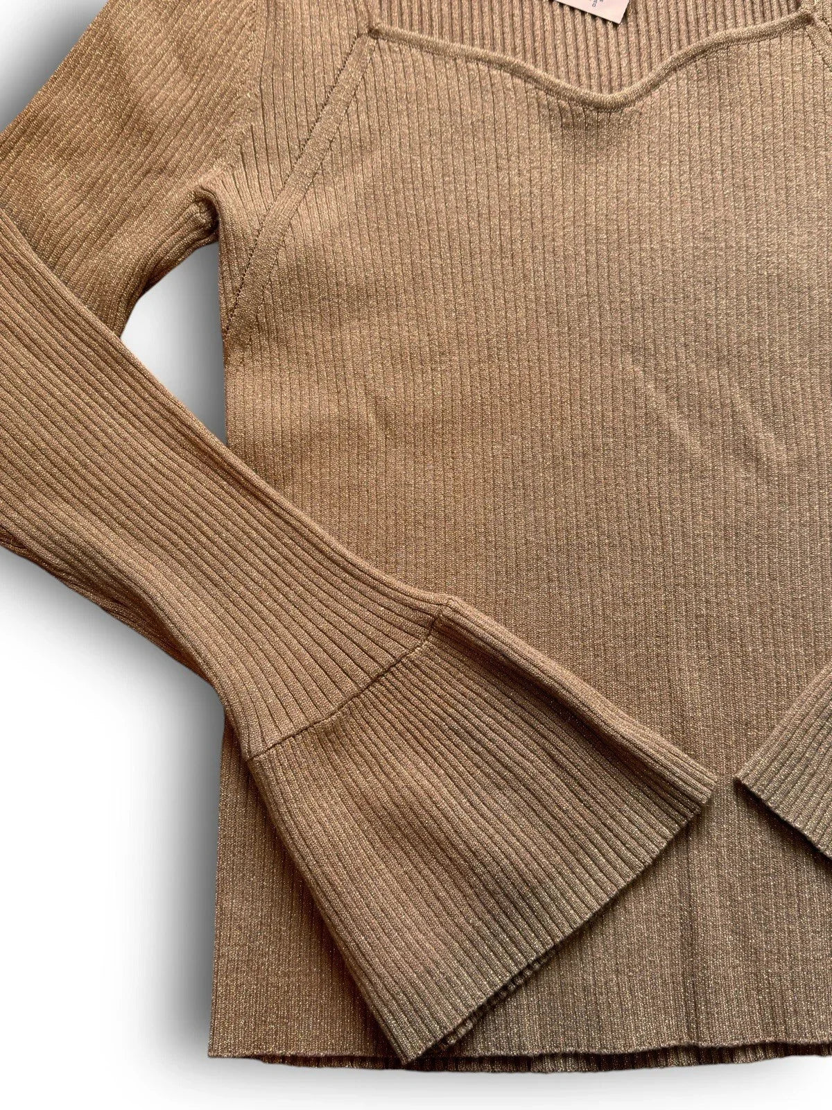 Ann Taylor LOFT Ribbed Sweetheart Neck Flare Cuff Caramel Comfy Sweater Sz Large - Trendiez U ♥