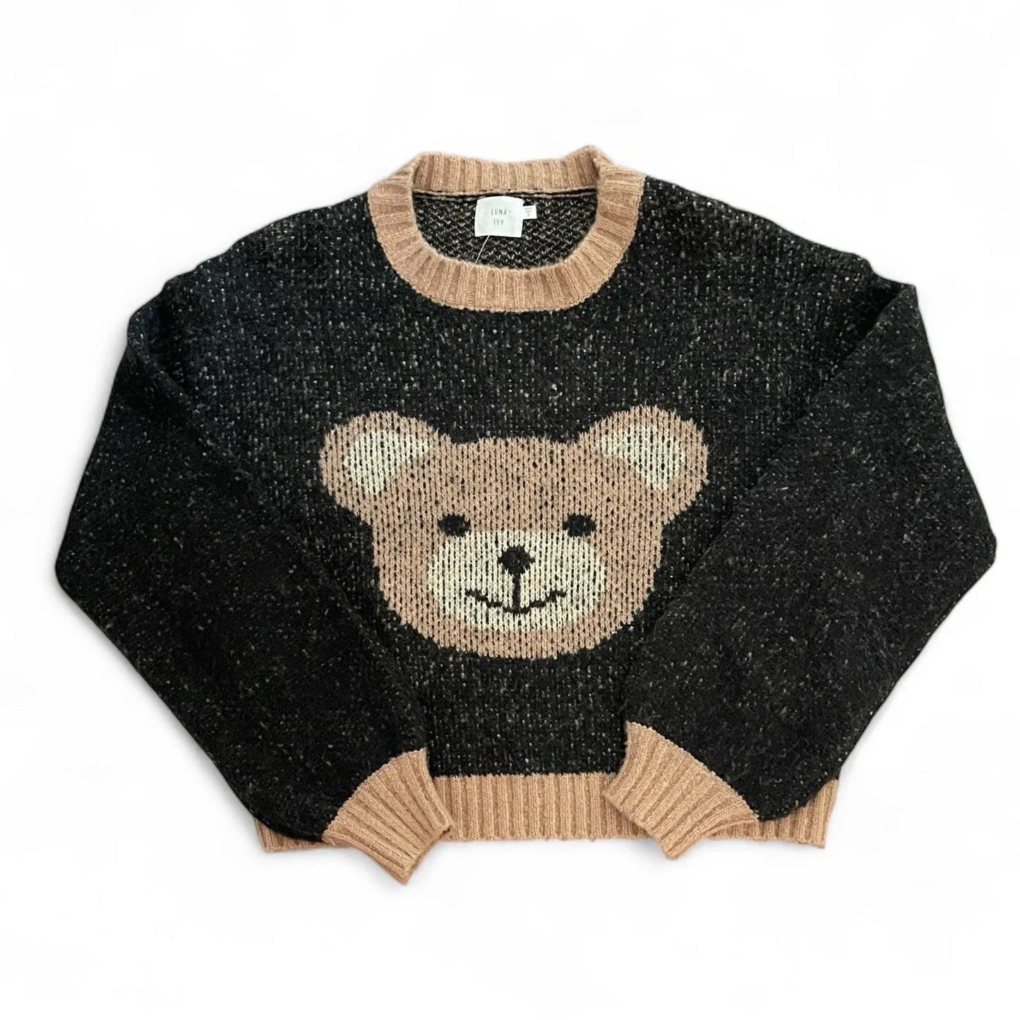 Anthropologie Luna Ivy Cozy Teddy Bear Cropped Loose Fit Sweater Black Tan Sz S - Trendiez U ♥