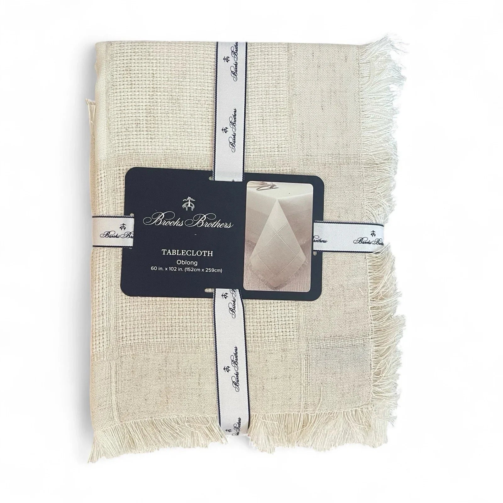 Brooks Brothers Cream Tablecloth Oblong 60”x102” Fringed Trims Classic Elegant - Trendiez U ♥