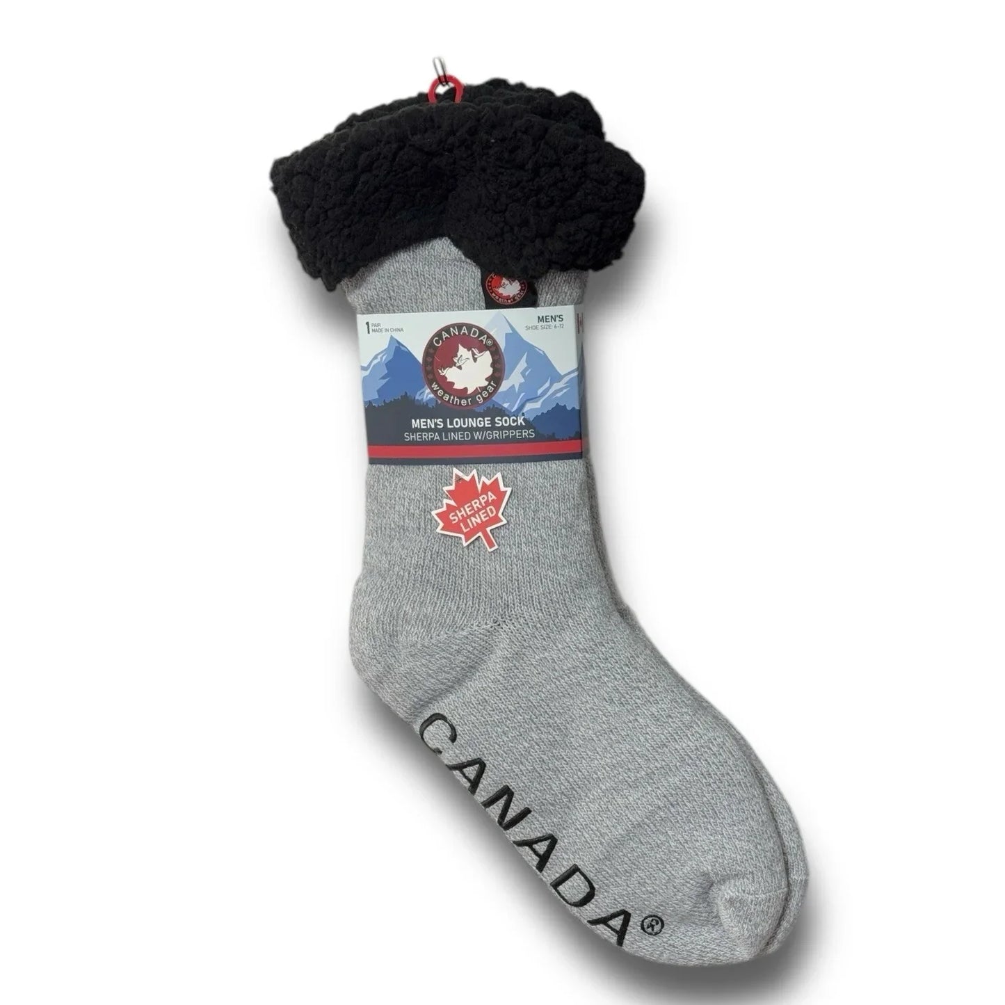 Canada Gear Men’s Lounge Socks – Sherpa Lined, Black/Gray Anti-Slip - Trendiez U ♥