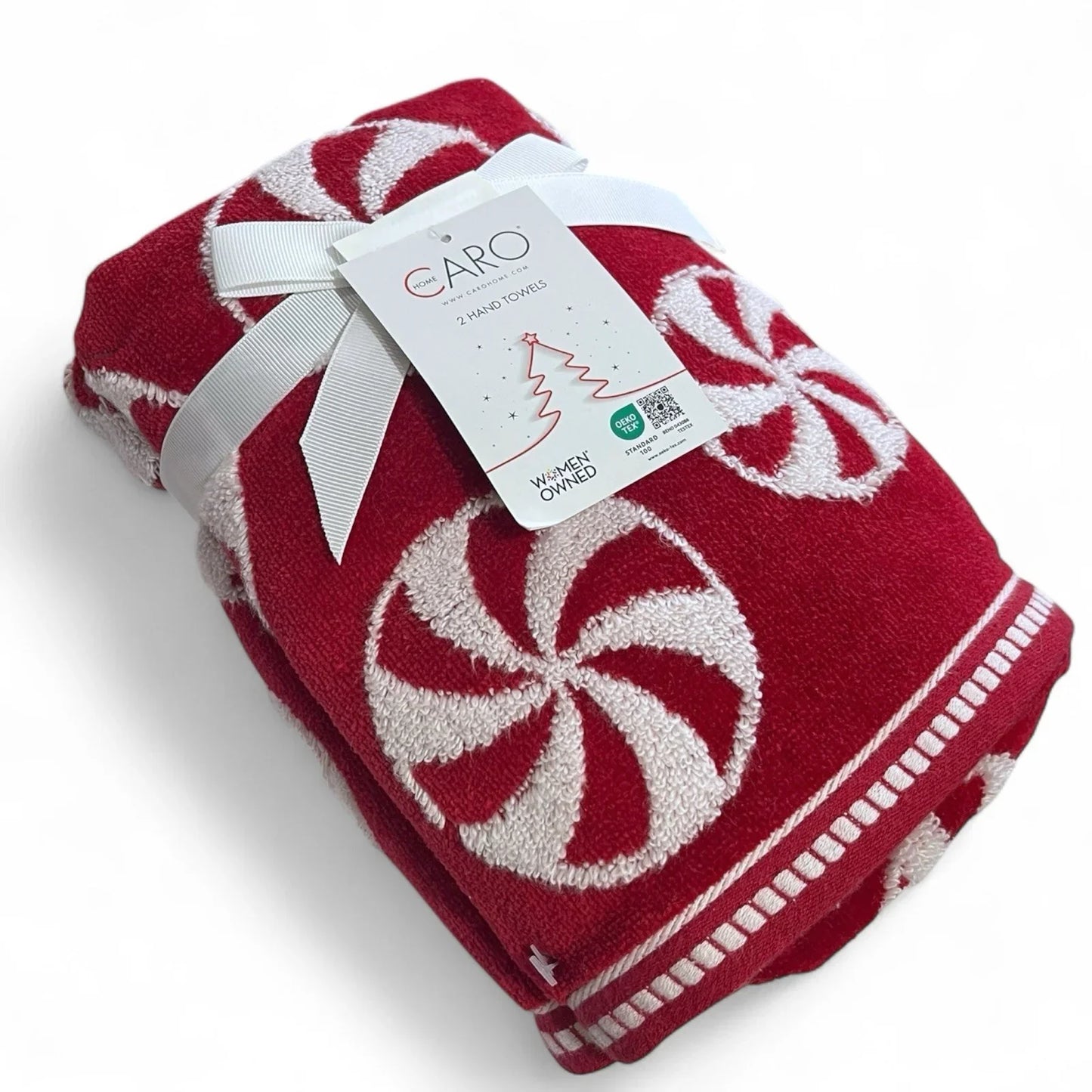 CARO - PEPPERMINT PRINT - RED/WHITE - HAND TOWELS SET OF 2 - NEW CHRISTMAS - Trendiez U ♥