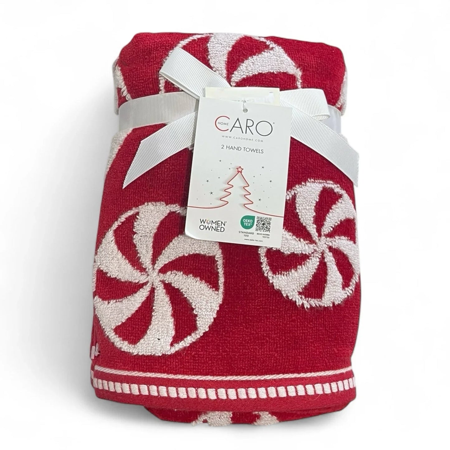 CARO - PEPPERMINT PRINT - RED/WHITE - HAND TOWELS SET OF 2 - NEW CHRISTMAS - Trendiez U ♥