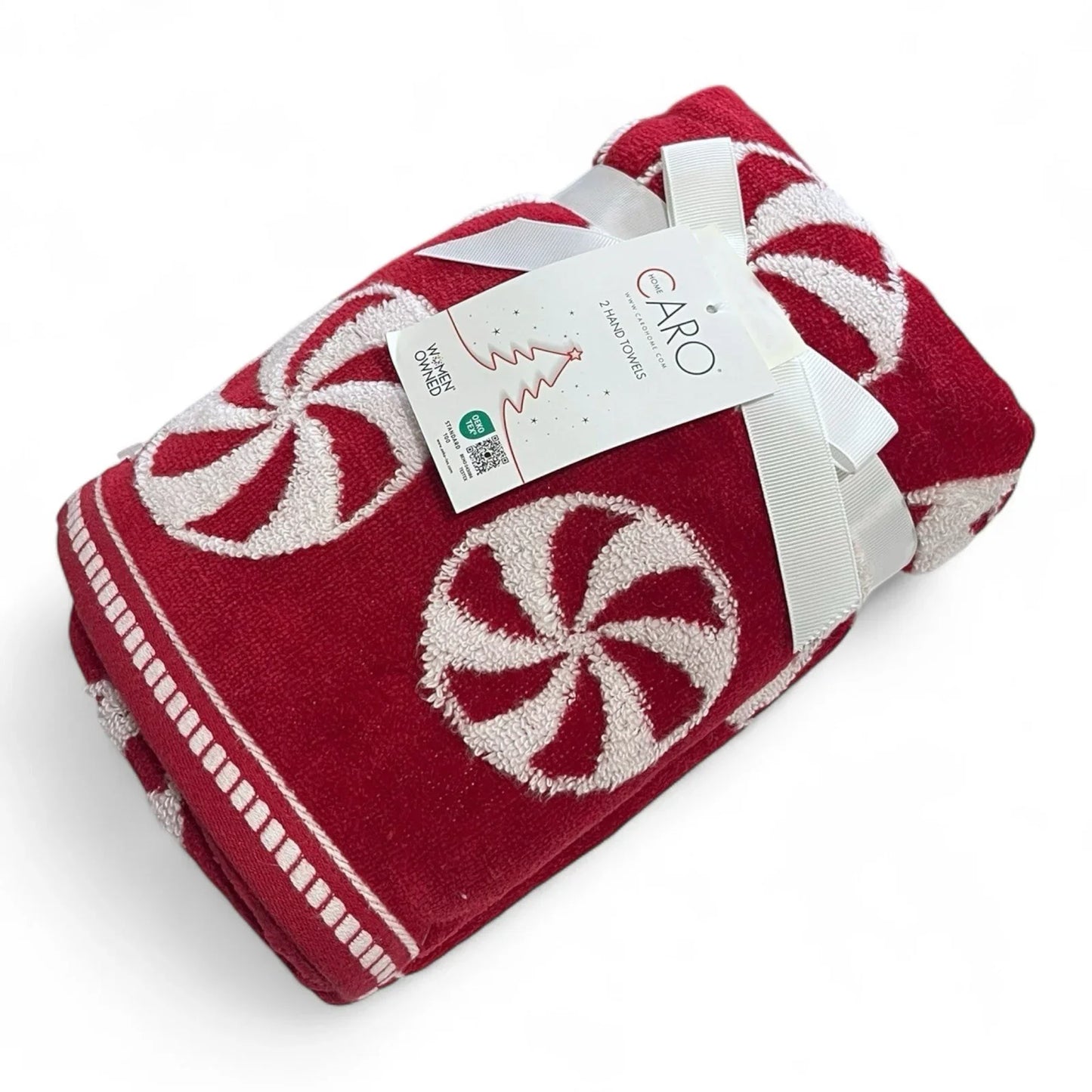 CARO - PEPPERMINT PRINT - RED/WHITE - HAND TOWELS SET OF 2 - NEW CHRISTMAS - Trendiez U ♥