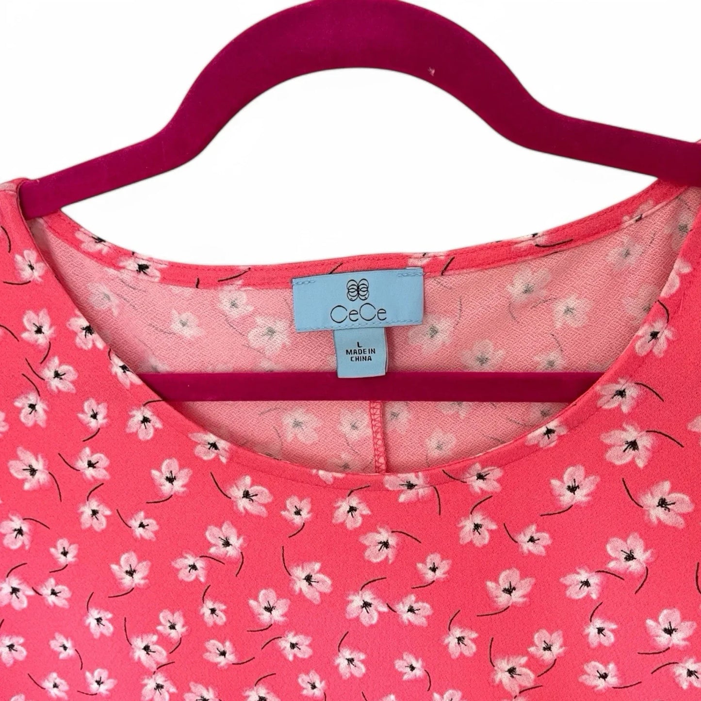 CeCe Coral Floral Puff Short Sleeve Round Neck Flutter Ruffle Dress NWT Size L - Trendiez U ♥