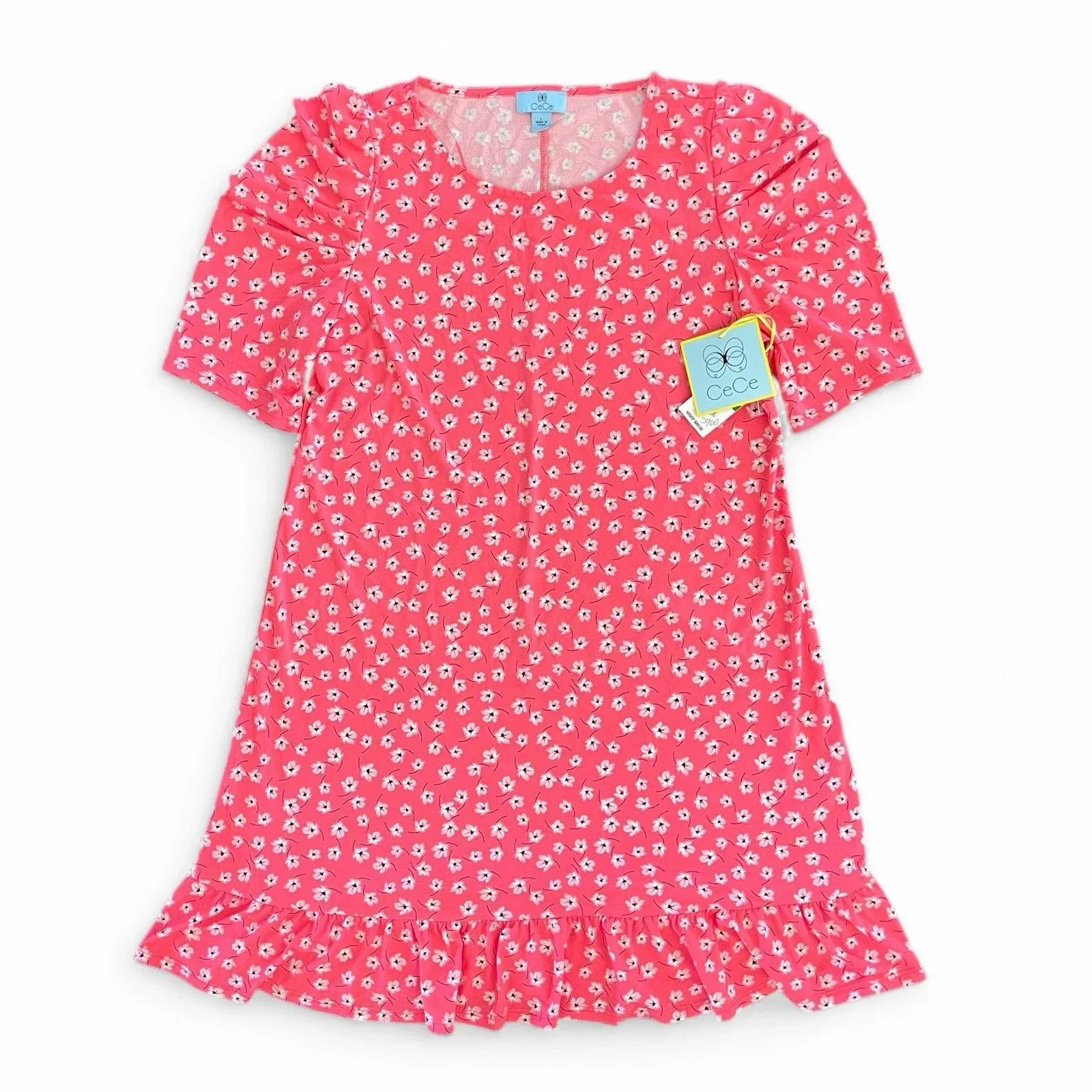 CeCe Coral Floral Puff Short Sleeve Round Neck Flutter Ruffle Dress NWT Size L - Trendiez U ♥