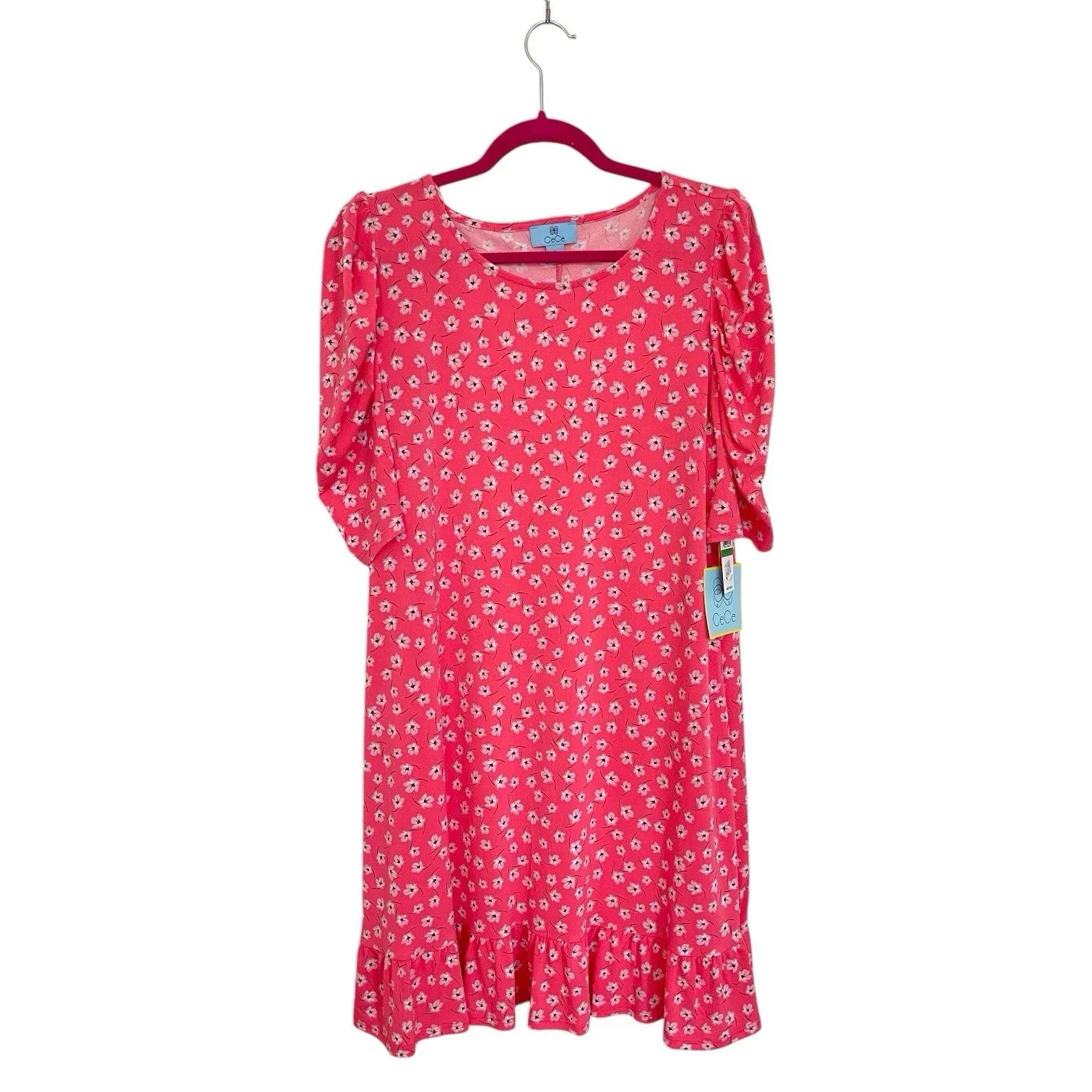 CeCe Coral Floral Puff Short Sleeve Round Neck Flutter Ruffle Dress NWT Size L - Trendiez U ♥