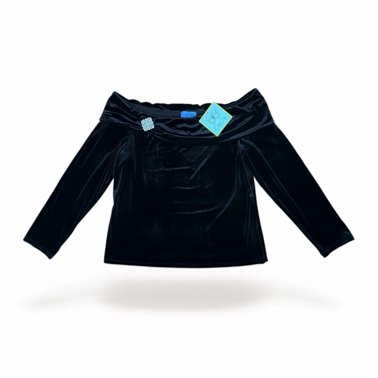 CeCe Off-the-Shoulder Velvet Blouse – Women’s XL, Black with Ruched Boat Neck - Trendiez U ♥