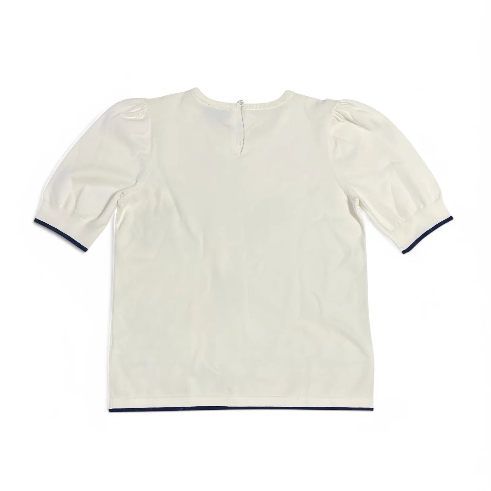 CeCe Puff Sleeve Knit Sweater Contrast Edge Cream and Classic Navy Blue Sz Small - Trendiez U ♥