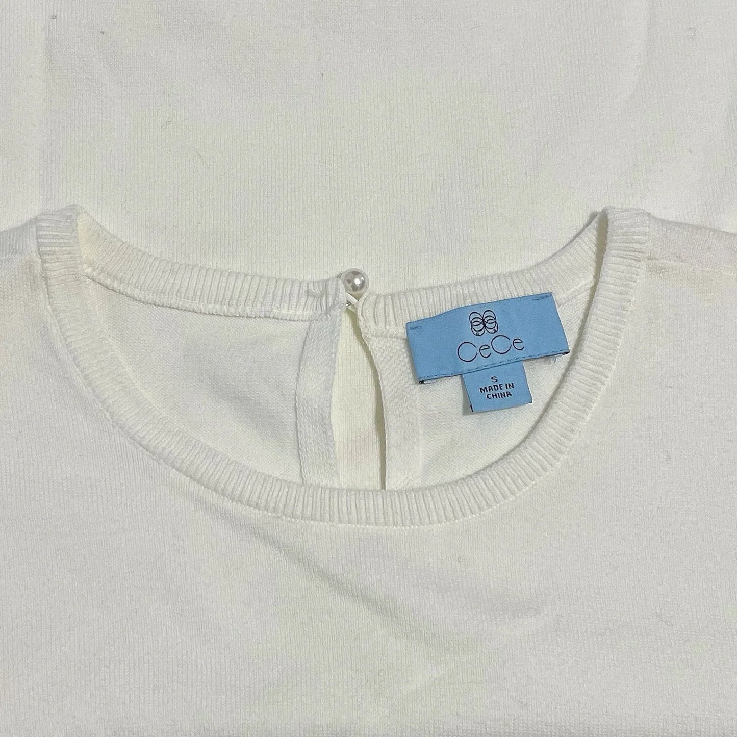 CeCe Puff Sleeve Knit Sweater Contrast Edge Cream and Classic Navy Blue Sz Small - Trendiez U ♥