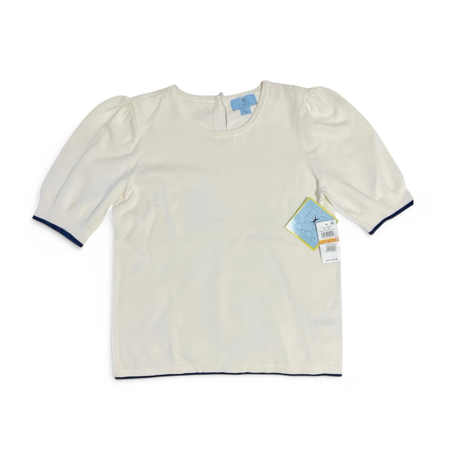 CeCe Puff Sleeve Knit Sweater Contrast Edge Cream and Classic Navy Blue Sz Small - Trendiez U ♥