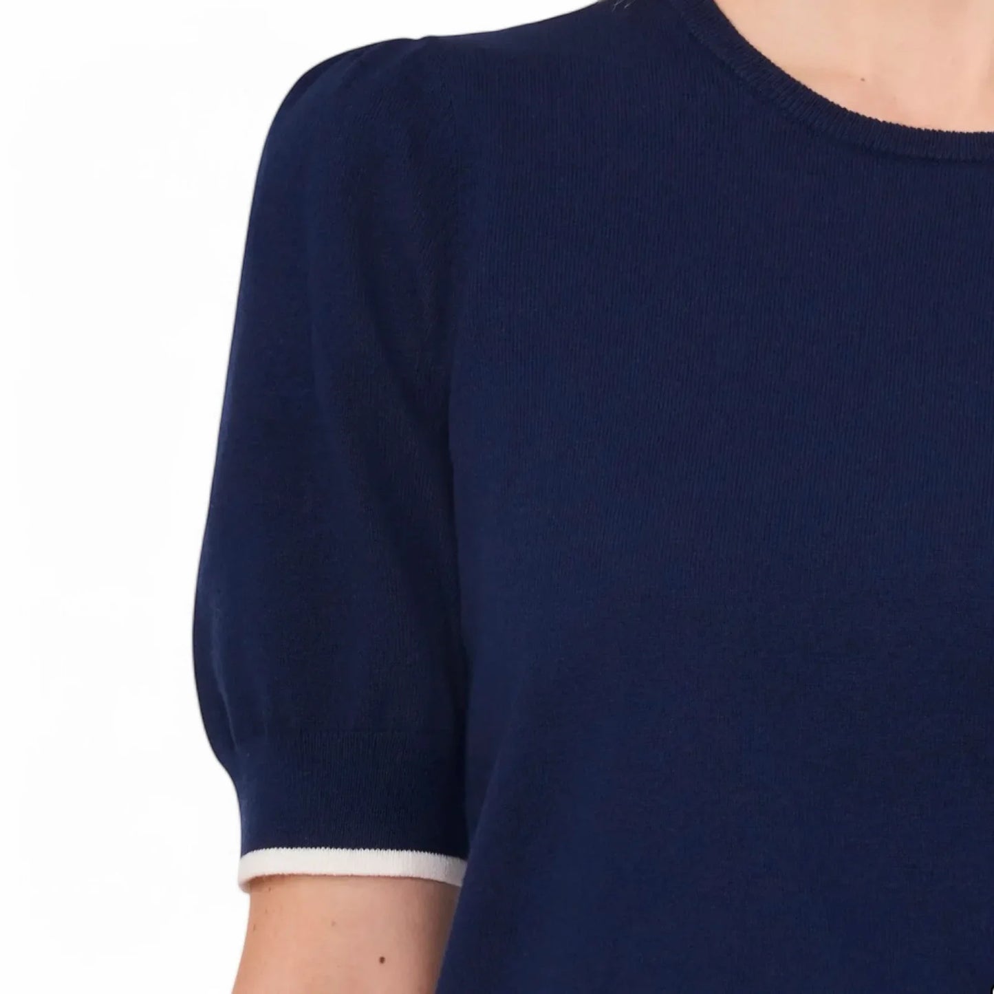 CeCe Puff Sleeve Knit Sweater Contrast Edge Cream and Classic Navy Blue Sz Small - Trendiez U ♥