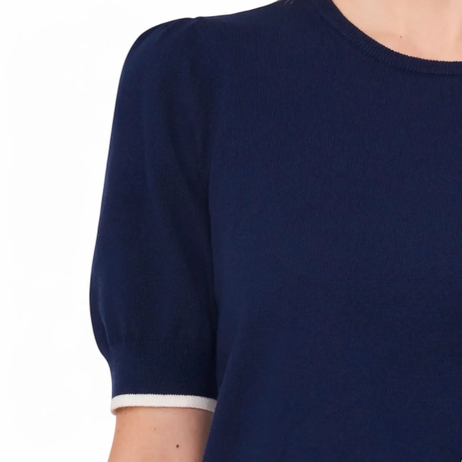 CeCe Puff Sleeve Knit Sweater Contrast Edge Cream and Classic Navy Blue Sz Small - Trendiez U ♥