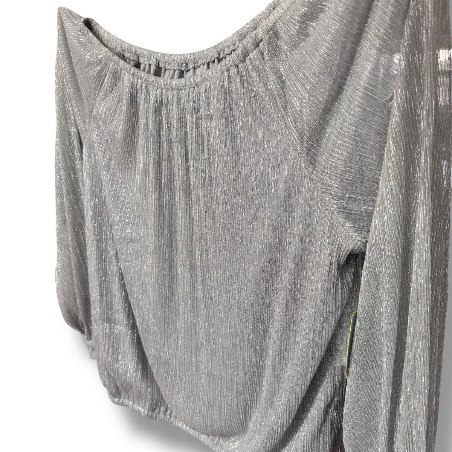 CeCe Silver Blouse Shimmer Metallic Womens Tie Bottom Off Shoulder Sz X-Large - Trendiez U ♥