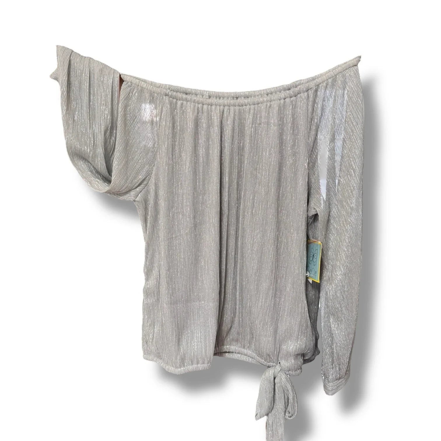 CeCe Silver Blouse Shimmer Metallic Womens Tie Bottom Off Shoulder Sz X-Large - Trendiez U ♥