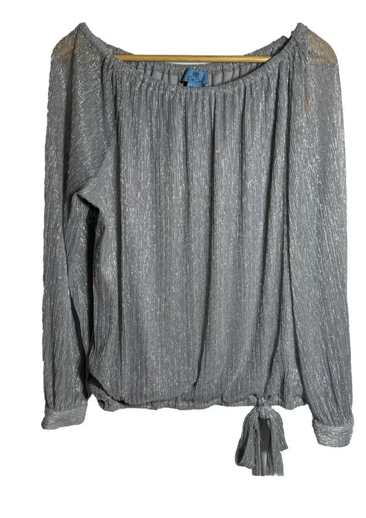 CeCe Silver Blouse Shimmer Metallic Womens Tie Bottom Off Shoulder Sz X-Large - Trendiez U ♥