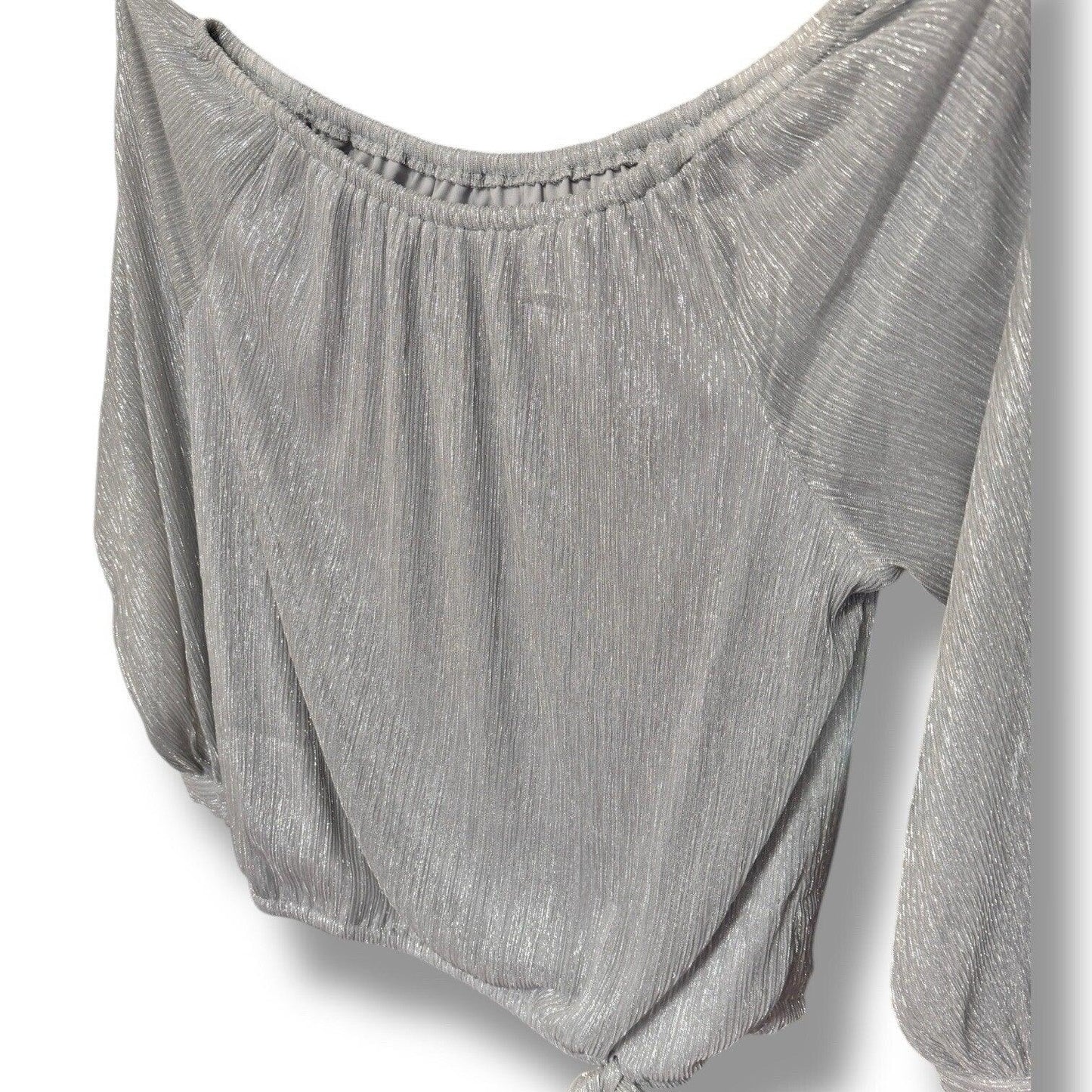 CeCe Silver Blouse Shimmer Metallic Womens Tie Bottom Off Shoulder Sz X-Large - Trendiez U ♥