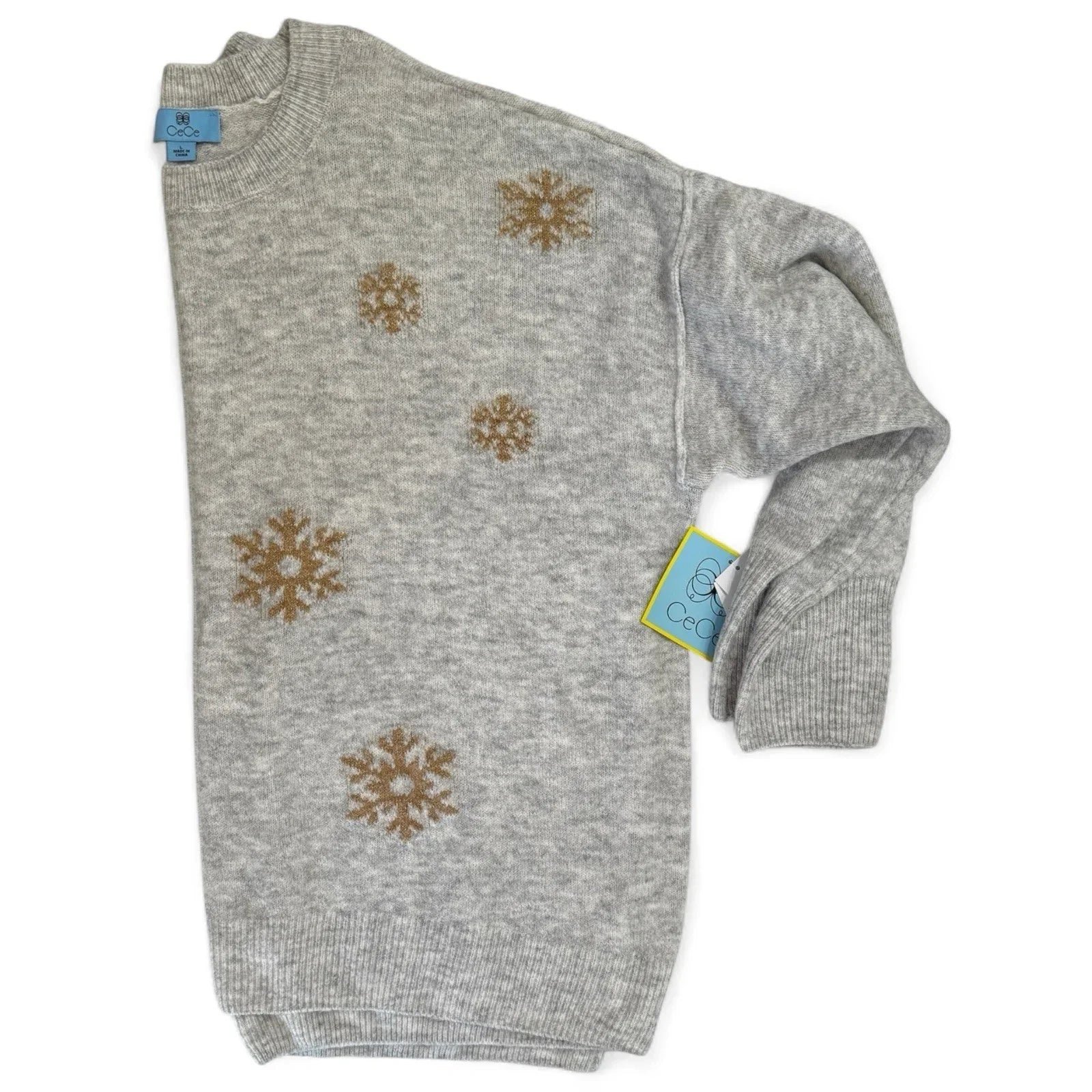 CeCe Women’s Sweater – Gray Snowflake Knit, Long Sleeve - Trendiez U ♥