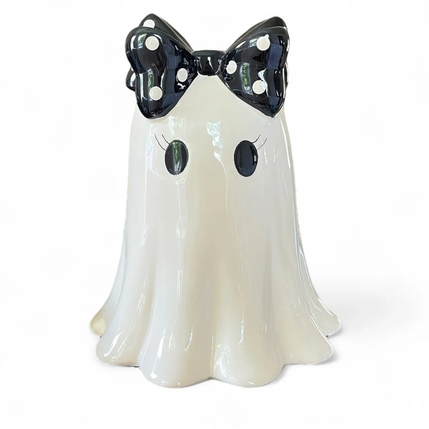 Ceramic Ghost Halloween Tabletop Decor - Black Polka Dot Bow Iridescent - Trendiez U ♥