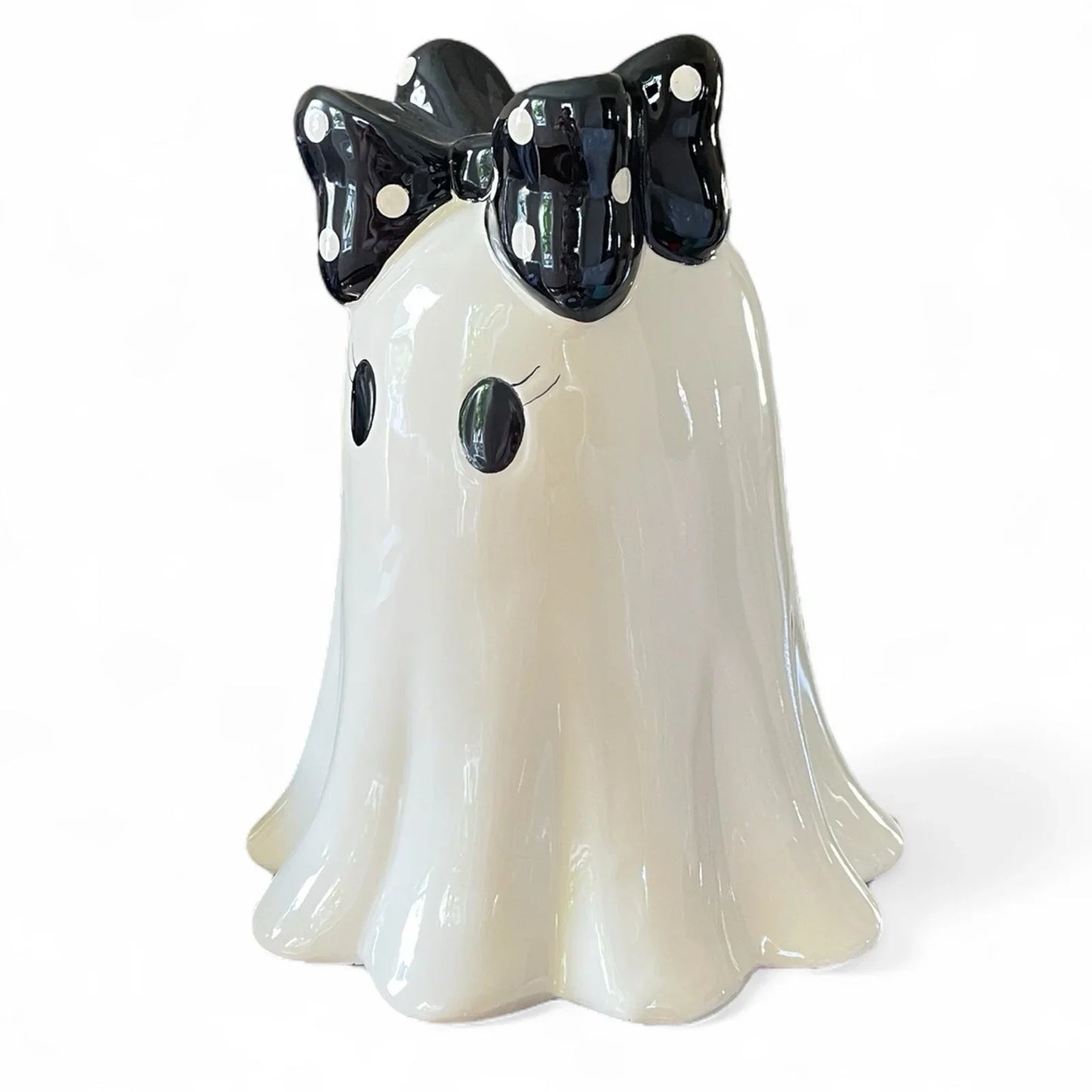 Ceramic Ghost Halloween Tabletop Decor - Black Polka Dot Bow Iridescent - Trendiez U ♥