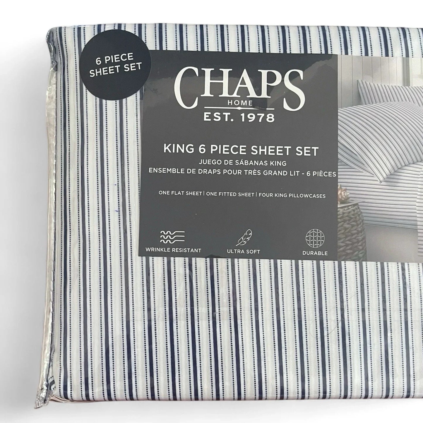 CHAPS by Ralph Lauren 6pc KING Sheet Set Blue White Stripes Preppy - Trendiez U ♥