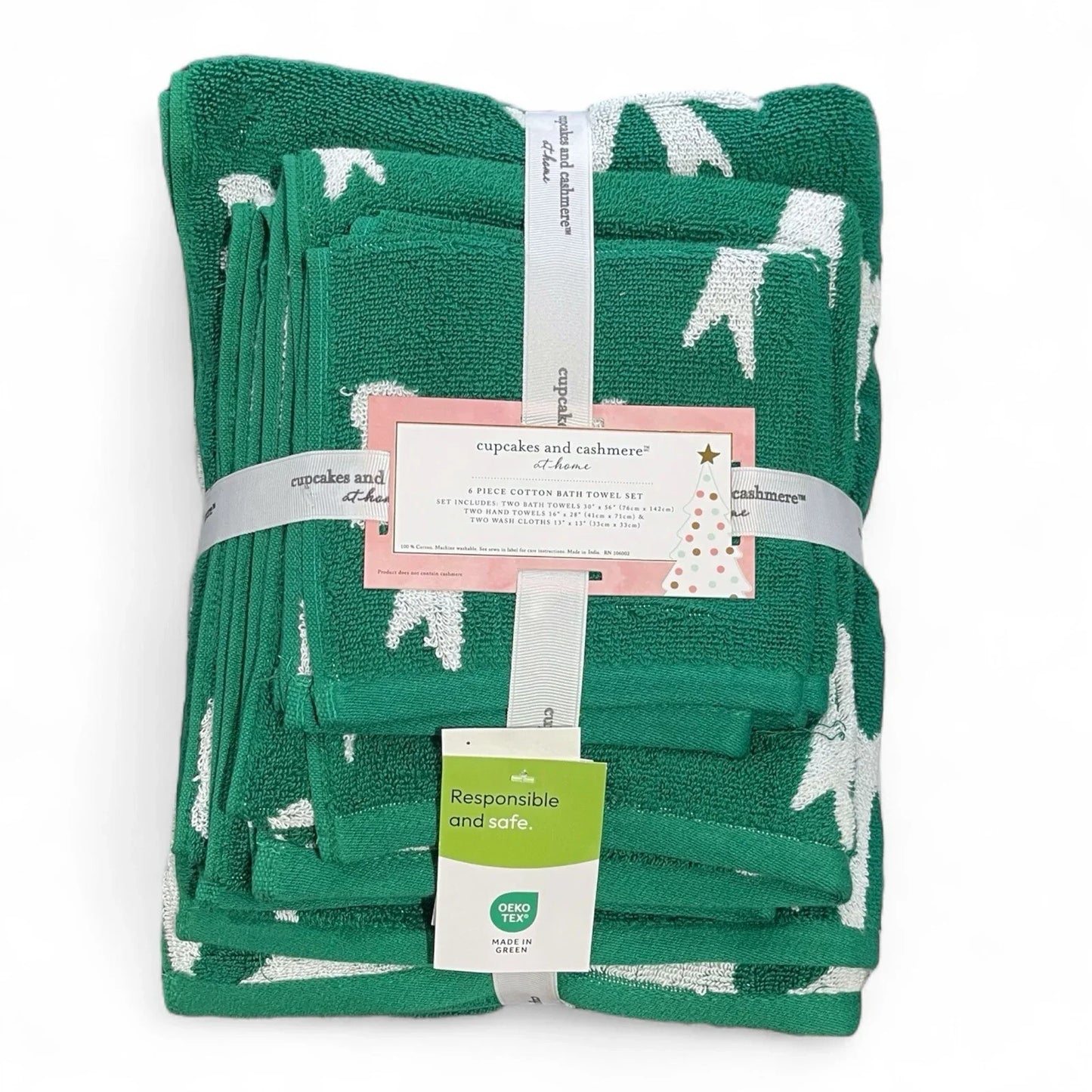 Cupcakes and Cashmere 6pc Bath Towel Set Green/White Bows Christmas 100% Cotton - Trendiez U ♥