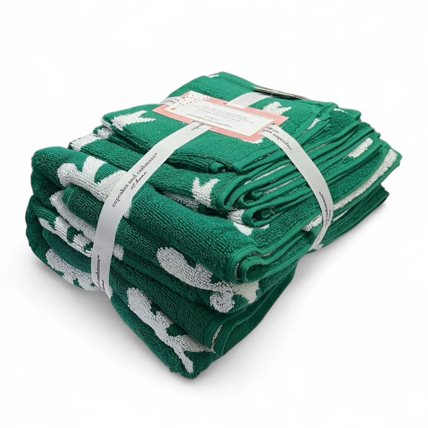 Cupcakes and Cashmere 6pc Bath Towel Set Green/White Bows Christmas 100% Cotton - Trendiez U ♥