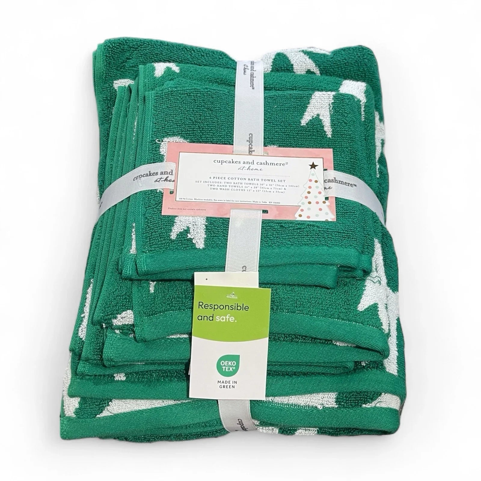 Cupcakes and Cashmere 6pc Bath Towel Set Green/White Bows Christmas 100% Cotton - Trendiez U ♥
