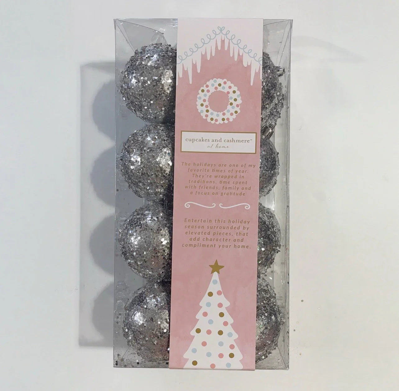 Cupcakes and Cashmere Christmas Tree Ornaments 16pc Silver Glitter Shatterproof - Trendiez U ♥