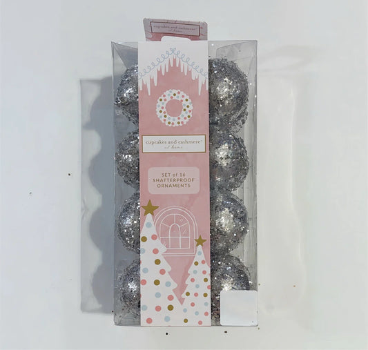 Cupcakes and Cashmere Christmas Tree Ornaments 16pc Silver Glitter Shatterproof - Trendiez U ♥