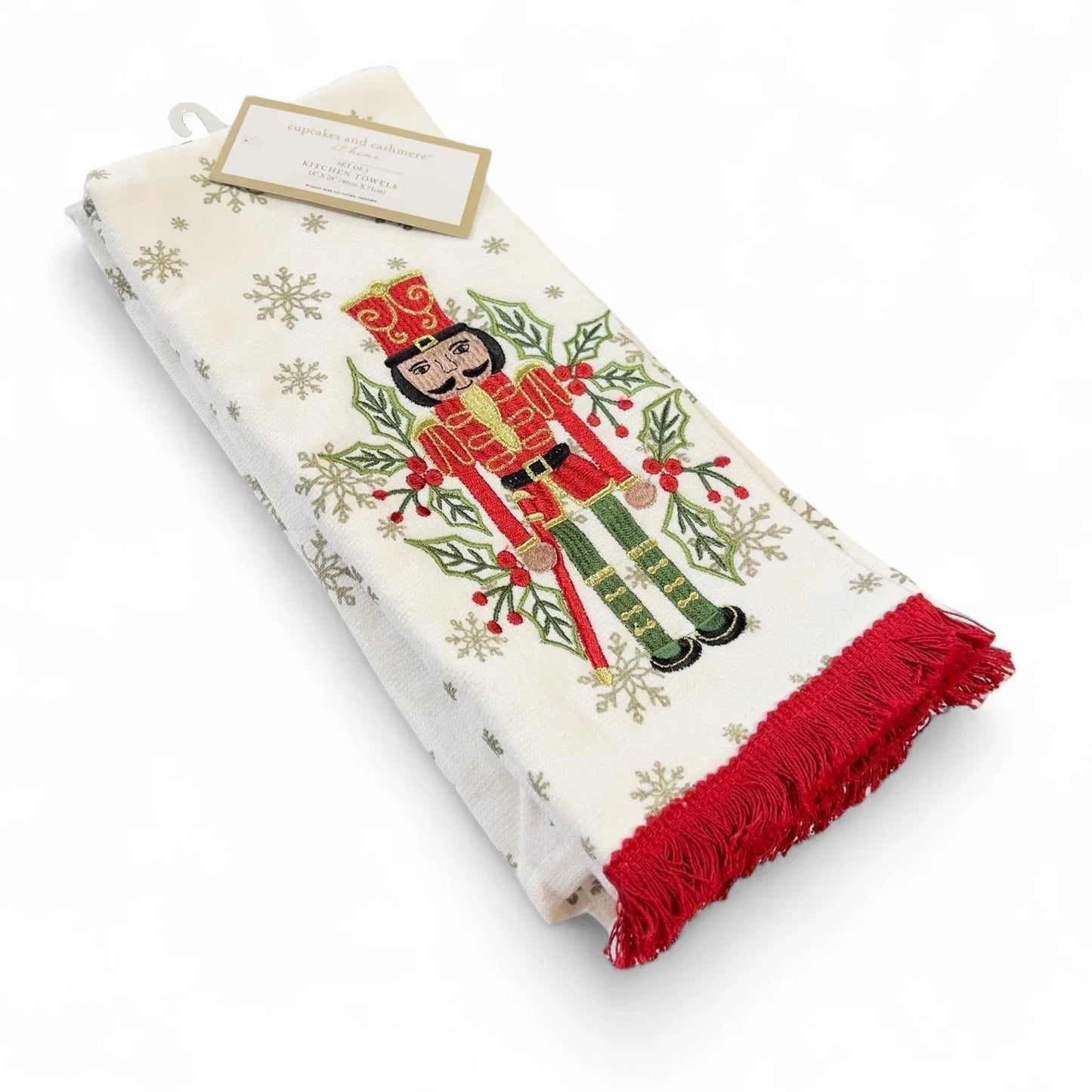 Cupcakes and Cashmere Kitchen Towel Set — 3pc, Nutcracker Embroidered, Fringed Trim - Trendiez U ♥