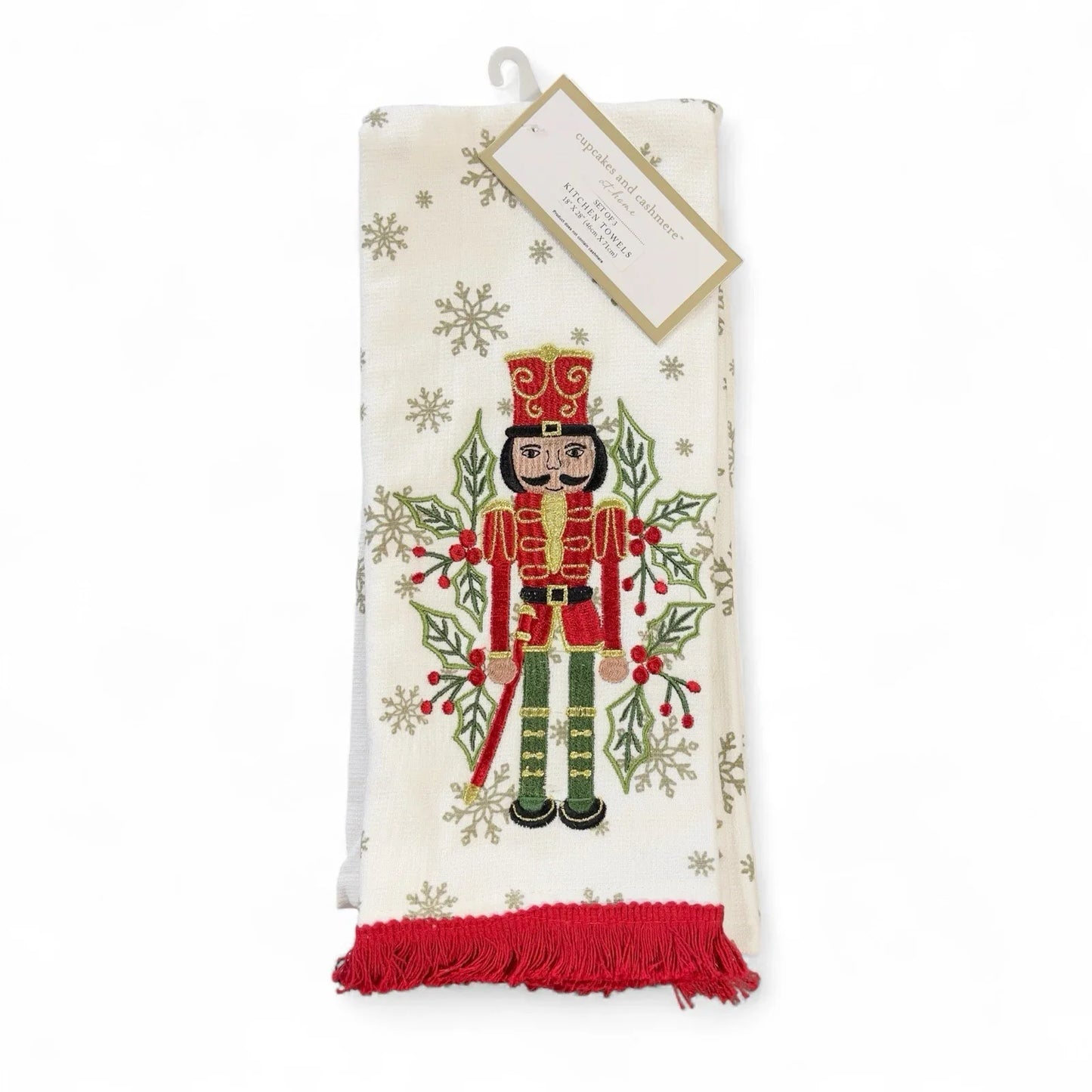 Cupcakes and Cashmere Kitchen Towel Set — 3pc, Nutcracker Embroidered, Fringed Trim - Trendiez U ♥