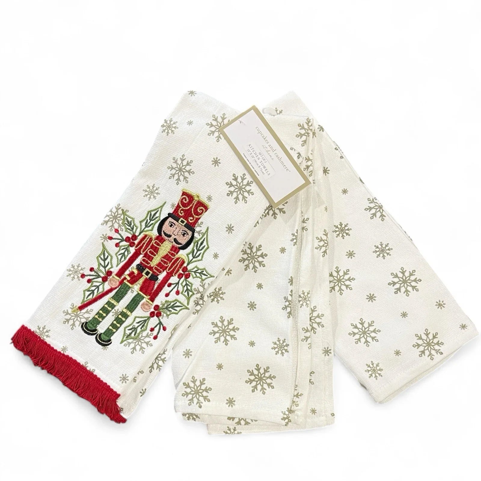 Cupcakes and Cashmere Kitchen Towel Set — 3pc, Nutcracker Embroidered, Fringed Trim - Trendiez U ♥
