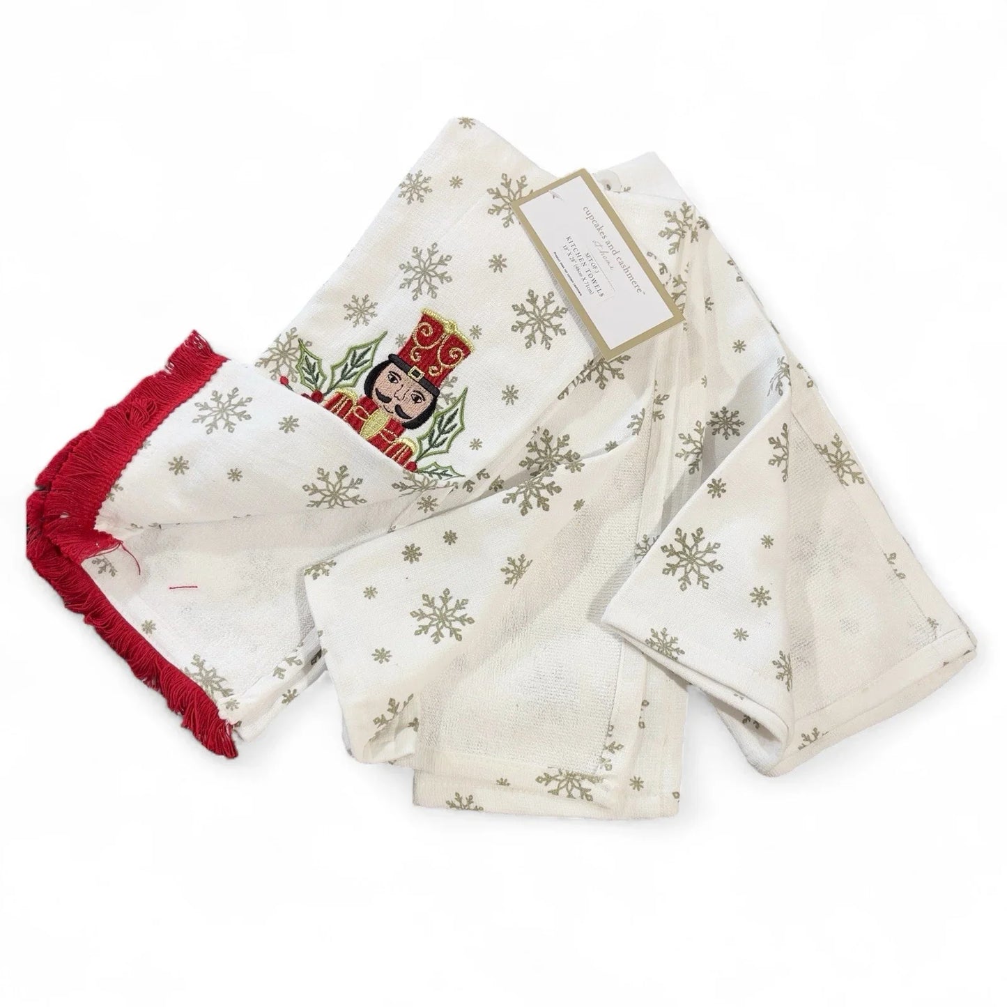 Cupcakes and Cashmere Kitchen Towel Set — 3pc, Nutcracker Embroidered, Fringed Trim - Trendiez U ♥