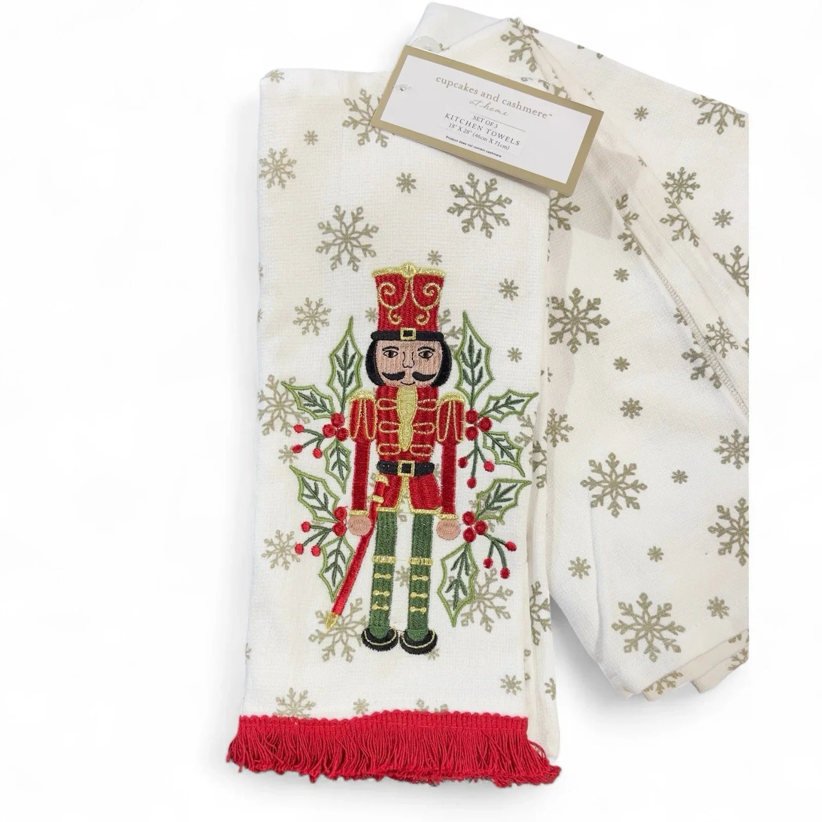 Cupcakes and Cashmere Kitchen Towel Set — 3pc, Nutcracker Embroidered, Fringed Trim - Trendiez U ♥