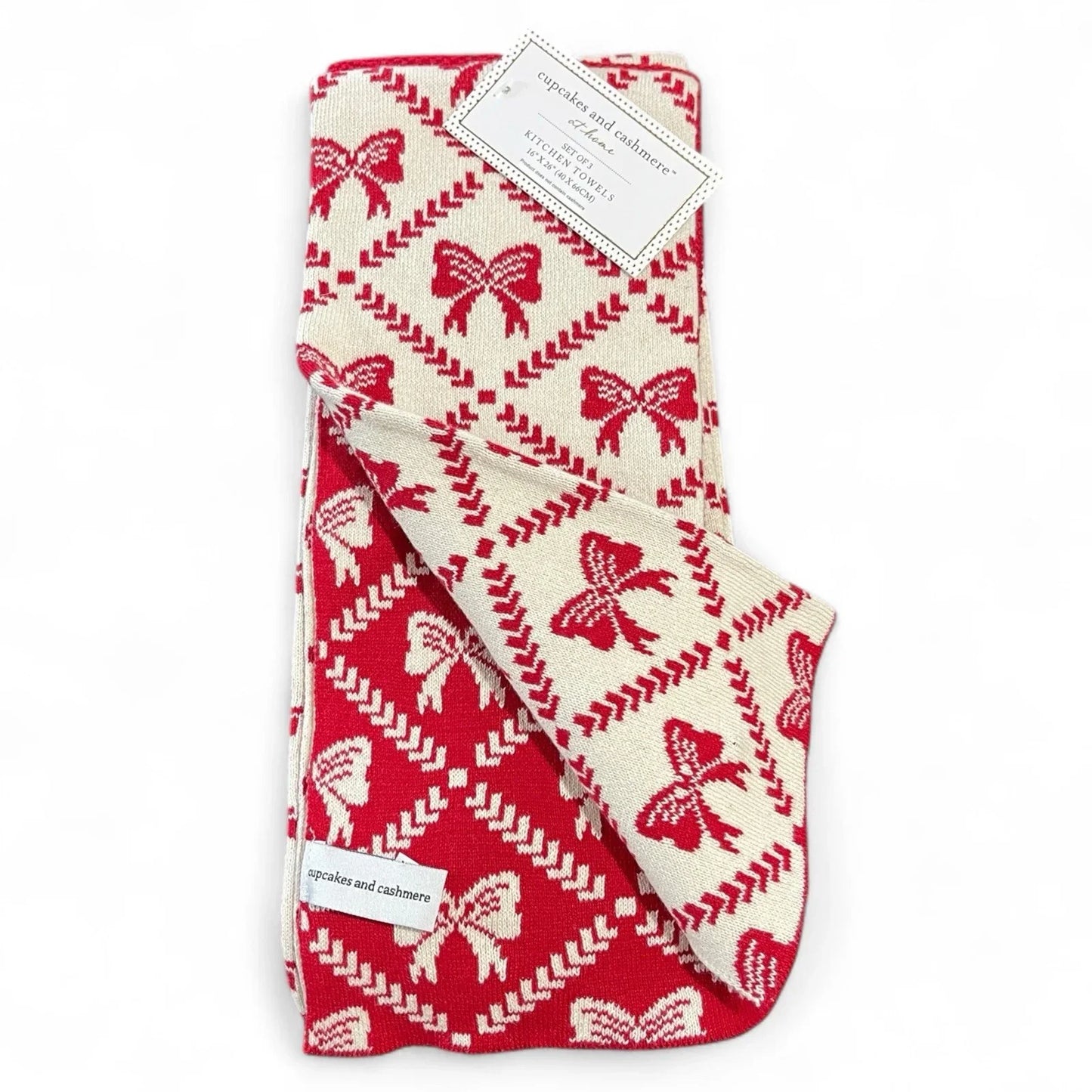 Cupcakes and Cashmere Kitchen Towel Set - Heavy Knit Sweater Red Christmas Bows - Trendiez U ♥