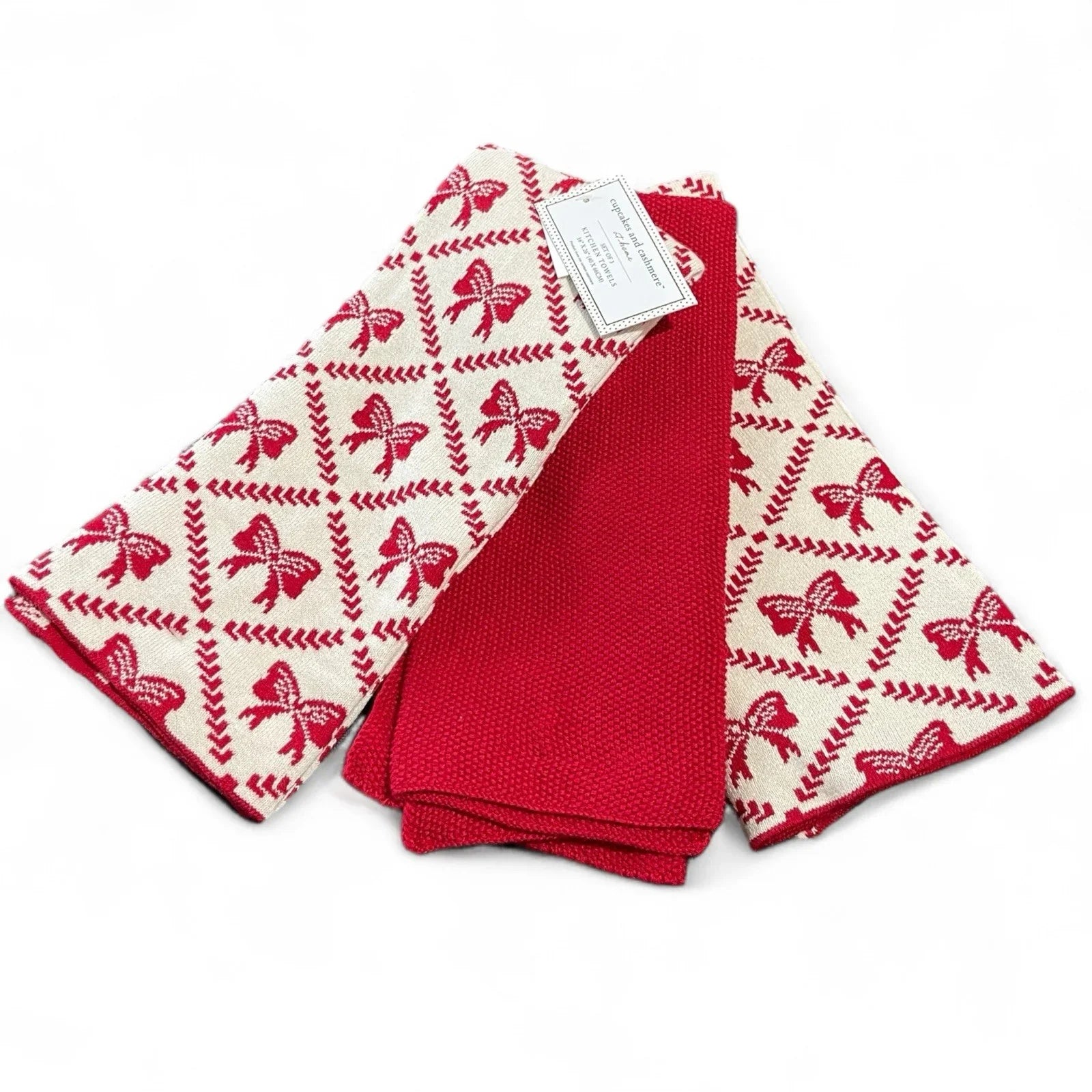 Cupcakes and Cashmere Kitchen Towel Set - Heavy Knit Sweater Red Christmas Bows - Trendiez U ♥
