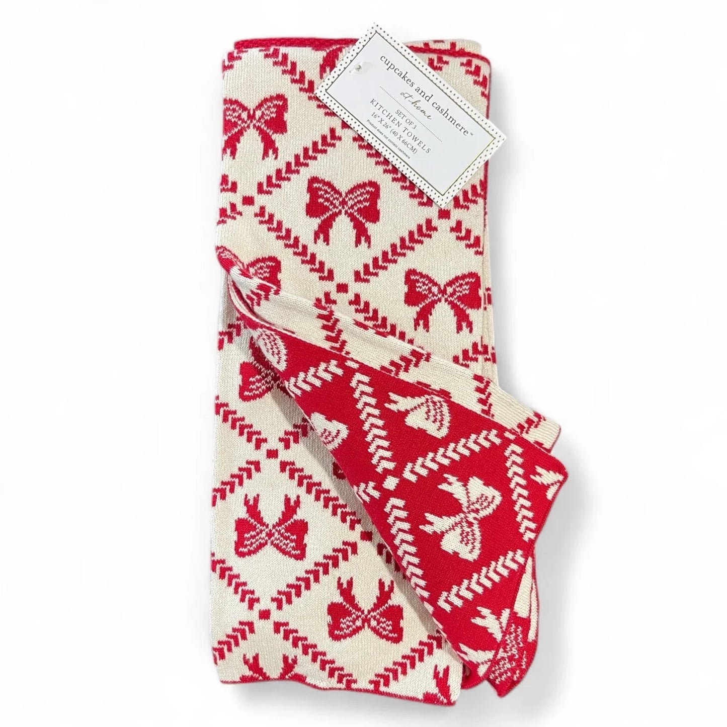 Cupcakes and Cashmere Kitchen Towel Set - Heavy Knit Sweater Red Christmas Bows - Trendiez U ♥