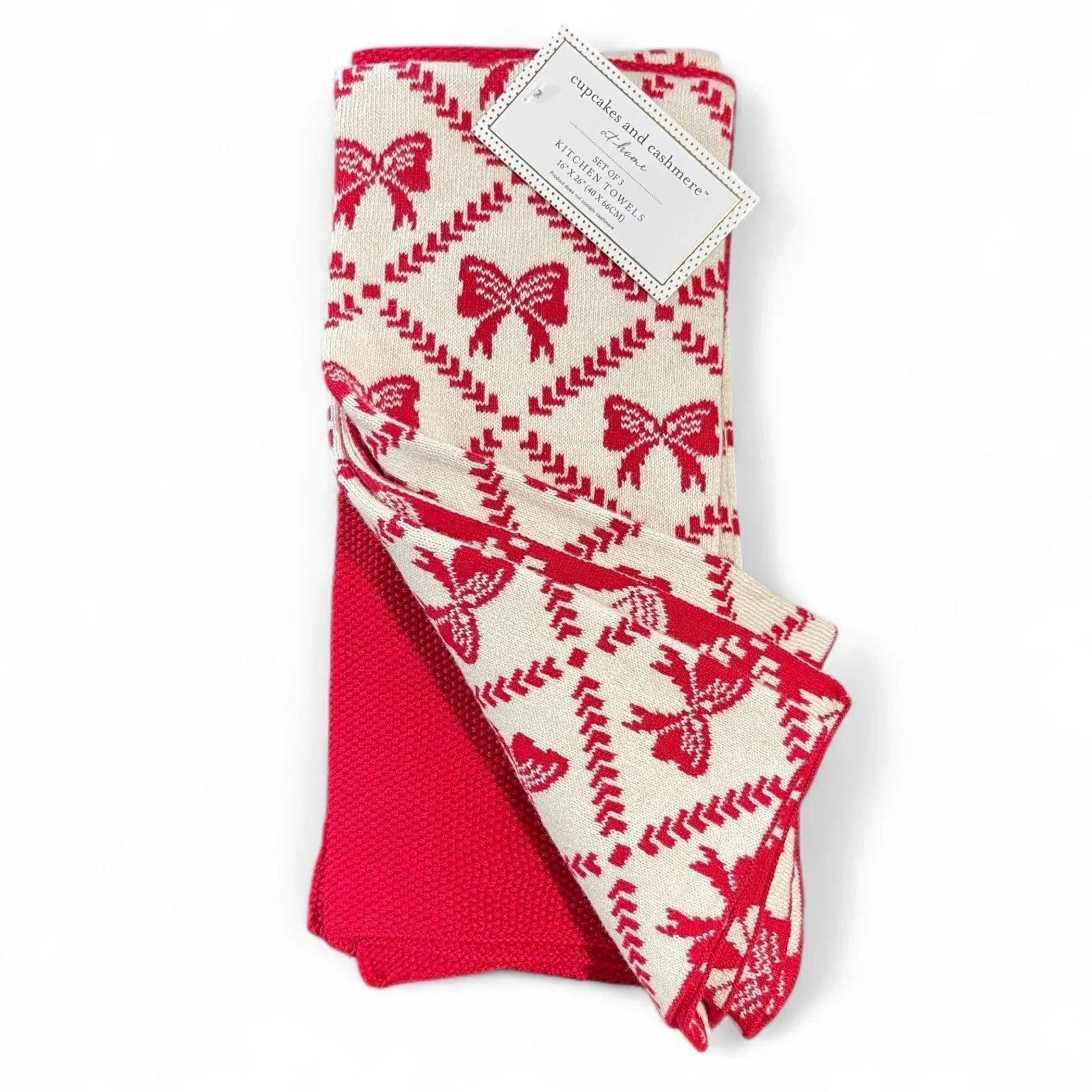 Cupcakes and Cashmere Kitchen Towel Set - Heavy Knit Sweater Red Christmas Bows - Trendiez U ♥